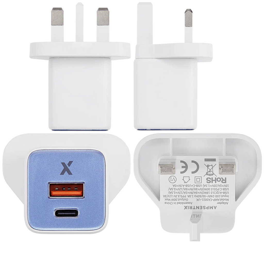 AmpSentrix 30W 2-in-1 USB-C / USB-A Wall Adapter (220V / UK Plug) (Ultramarine)