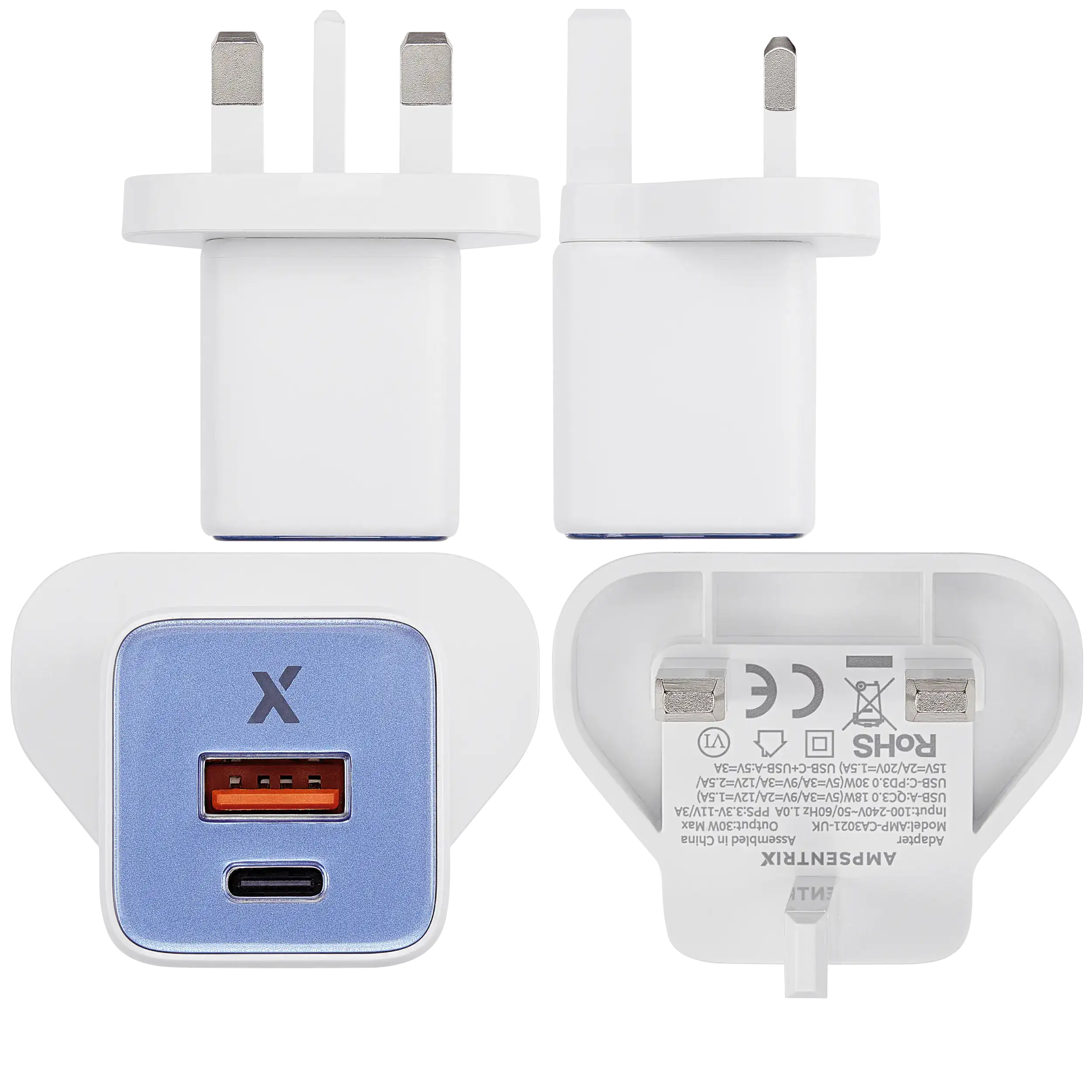 AmpSentrix 30W 2-in-1 USB-C / USB-A Wall Adapter (220V / UK Plug) (Ultramarine)