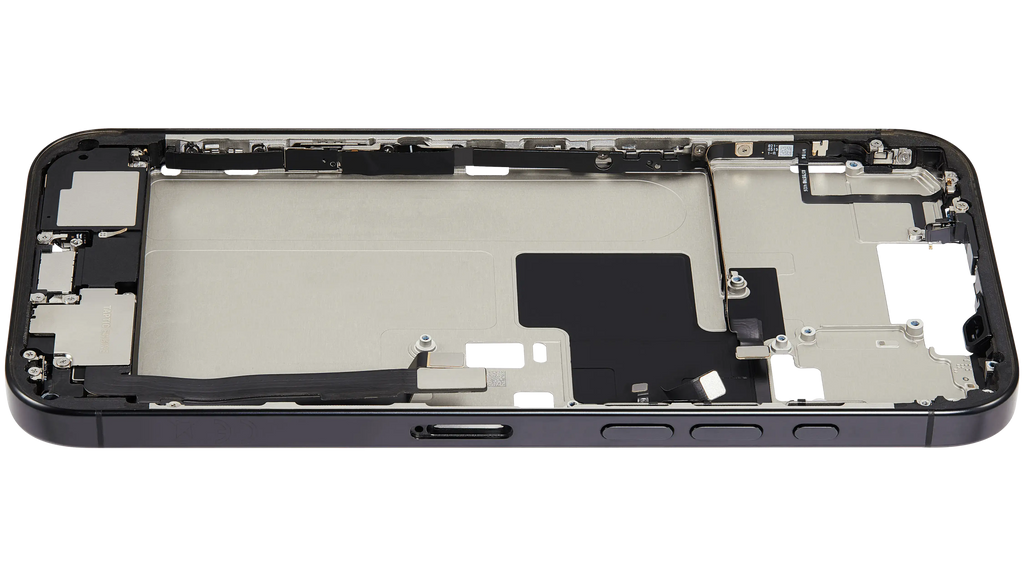 Midframe/Rahmen mit Ladebuchse Flex & Small Parts für iPhone 16 Pro Max (EU / Global Version) (gebrauchter OEM-Ausbau, Qualität C) (Schwarz Titanium)