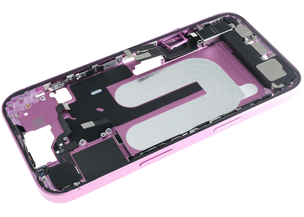 Midframe/Rahmen mit Ladebuchse Flex & Small Parts für iPhone 16 (EU / Global Version) (gebrauchter OEM-Ausbau, Qualität A) (Pink)