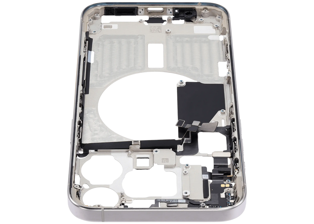 Midframe/Rahmen mit Small Parts für iPhone 15 Pro Max (EU / Global Version) (gebrauchter OEM-Ausbau, Qualität C) (Weiß Titanium)