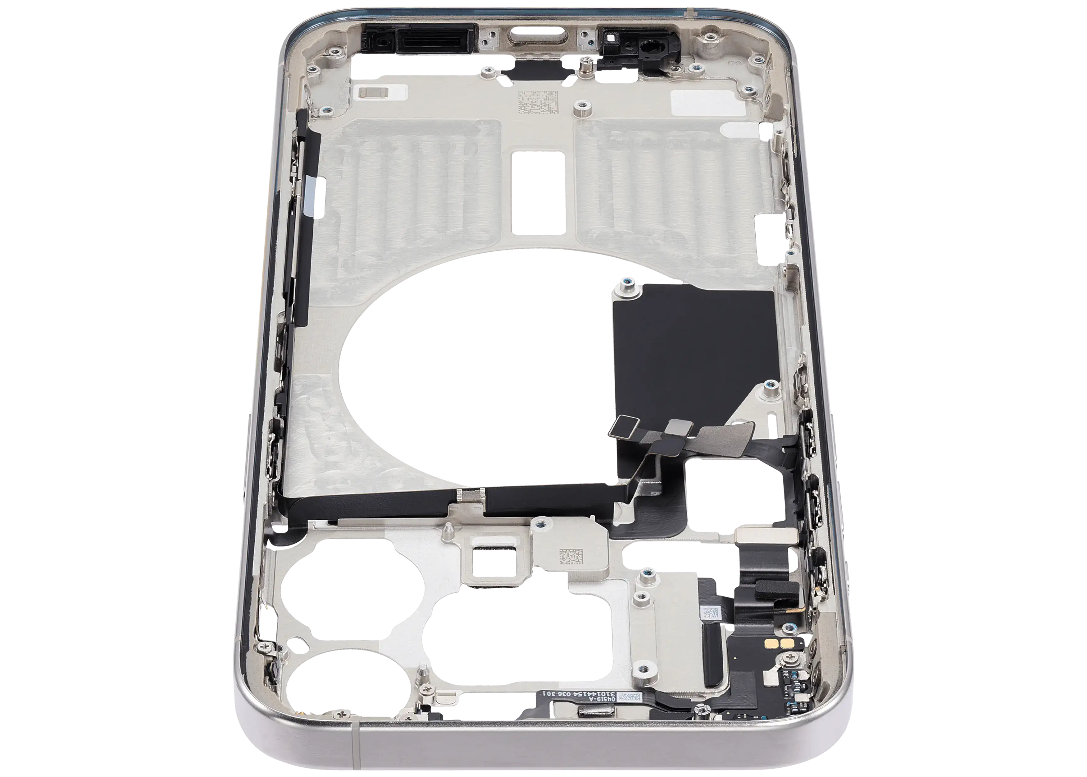Midframe/Rahmen mit Small Parts für iPhone 15 Pro Max (EU / Global Version) (gebrauchter OEM-Ausbau, Qualität C) (Weiß Titanium)