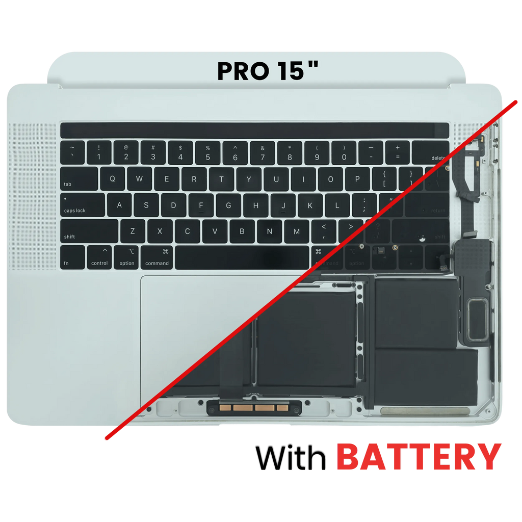 Top Case mit Akku and Keyboard (ANSI US) für MacBook Pro 15" A1990 (2018-2019) (gebrauchter OEM-Ausbau, Qualität B/C) (Silber)