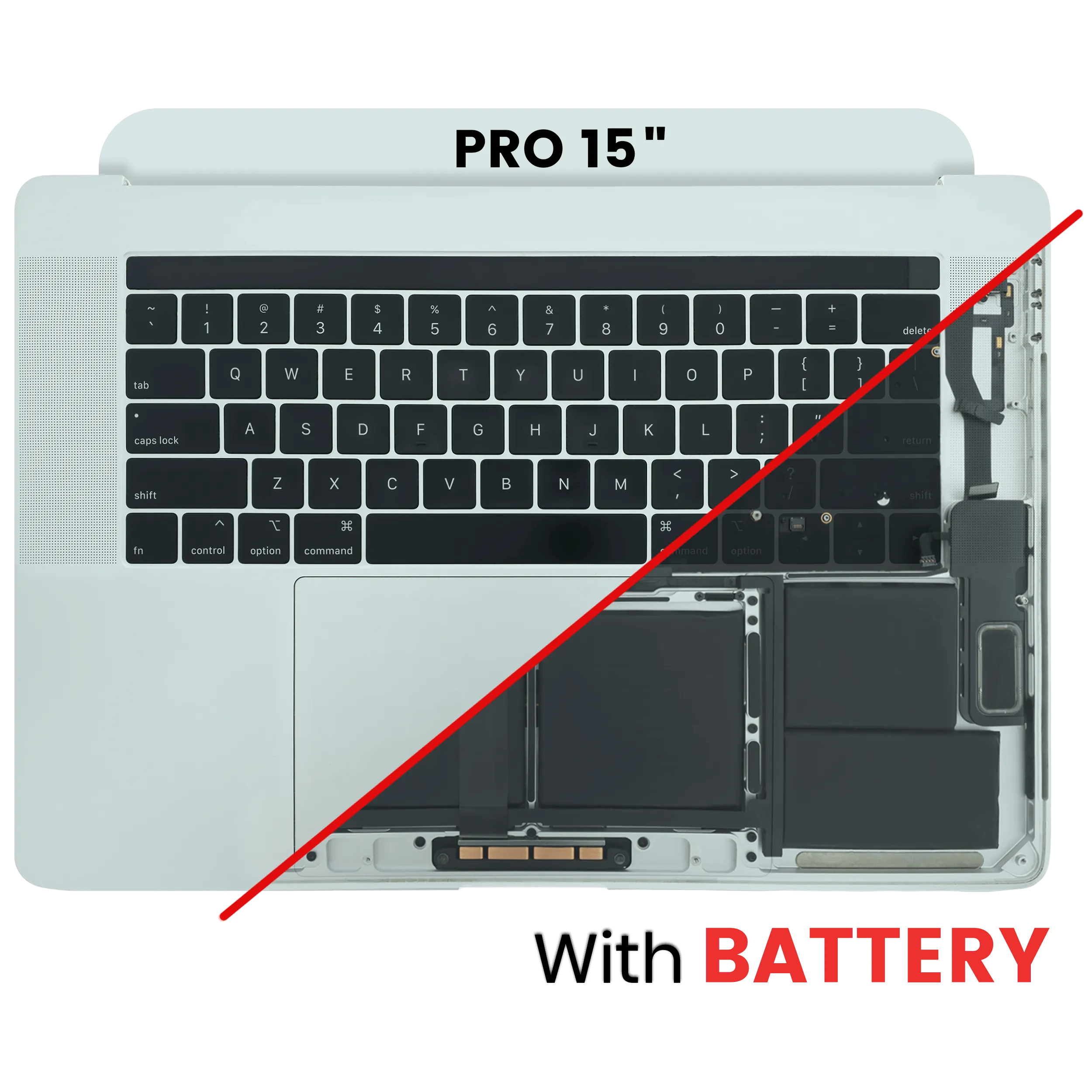 Top Case mit Akku and Keyboard (ANSI US) für MacBook Pro 15" A1990 (2018-2019) (gebrauchter OEM-Ausbau, Qualität B/C) (Silber)