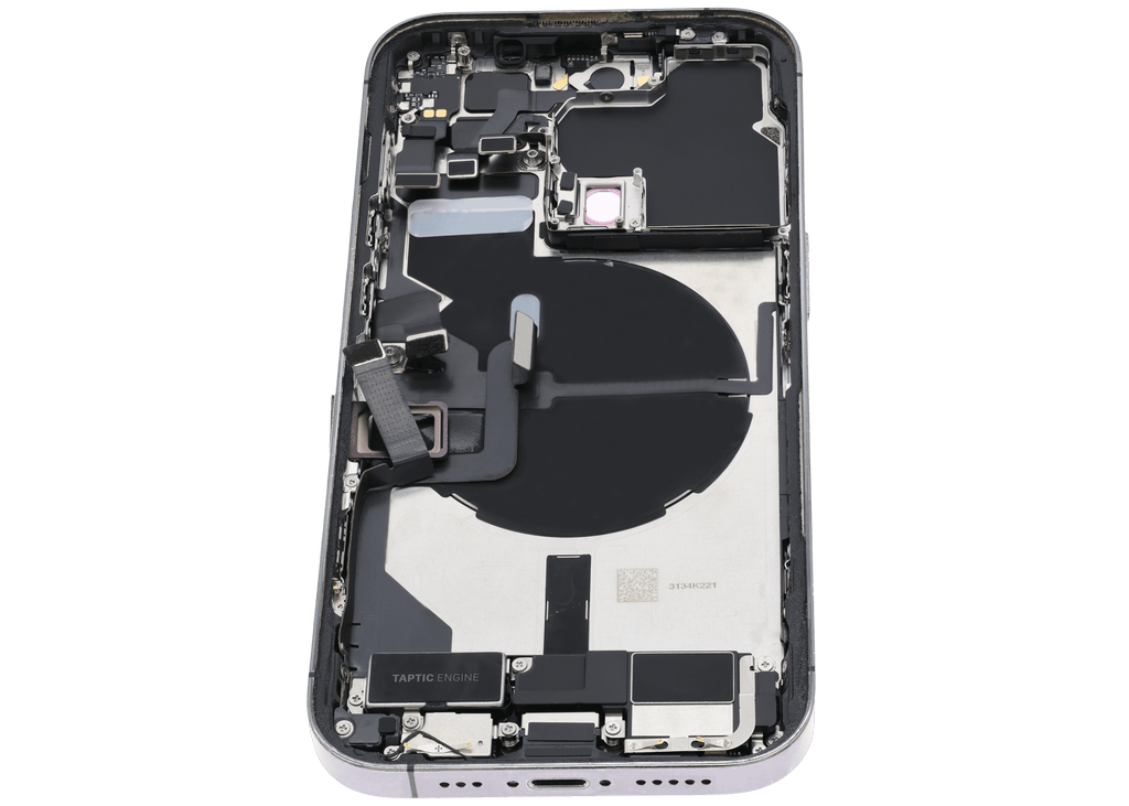 Backcover/Rahmen mit Ladebuchse Flex & Small Parts für iPhone 14 Pro (EU / Global Version) (gebrauchter OEM-Ausbau, Qualität A) (Deep Purple)