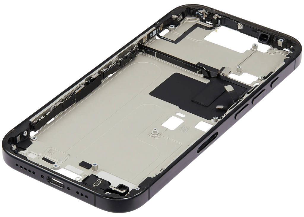 Midframe/Rahmen mit Small Parts für iPhone 16 Pro (EU / Global Version) (gebrauchter OEM-Ausbau, Qualität A) (Schwarz Titanium)