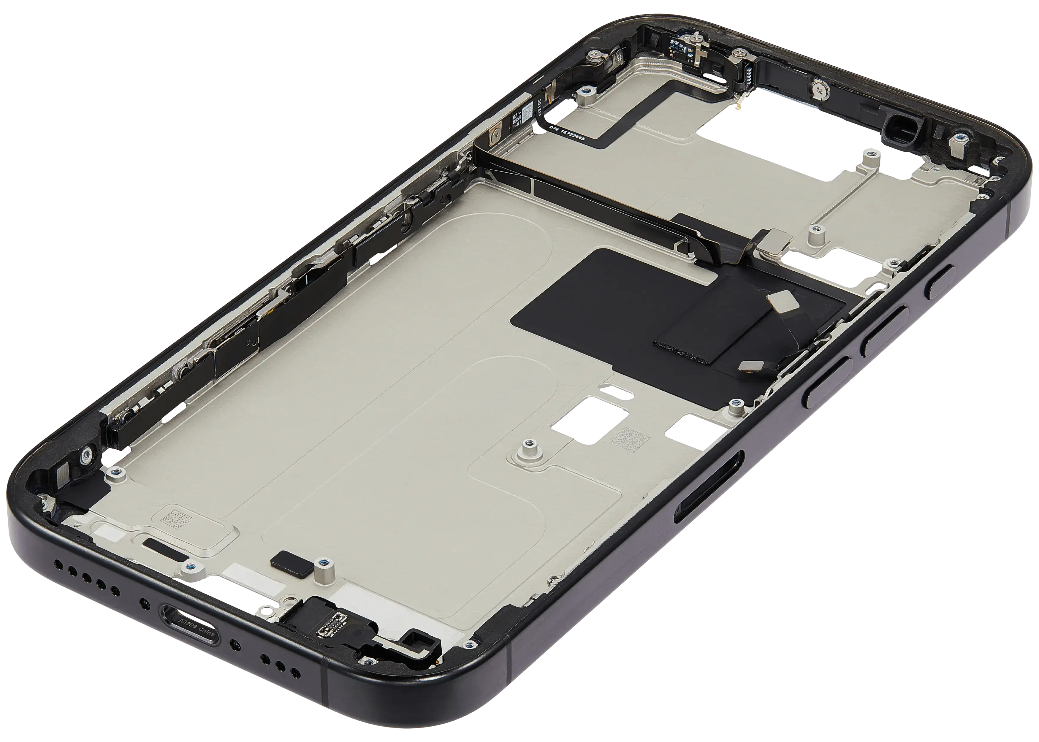 Midframe/Rahmen mit Small Parts für iPhone 16 Pro (EU / Global Version) (gebrauchter OEM-Ausbau, Qualität A) (Schwarz Titanium)