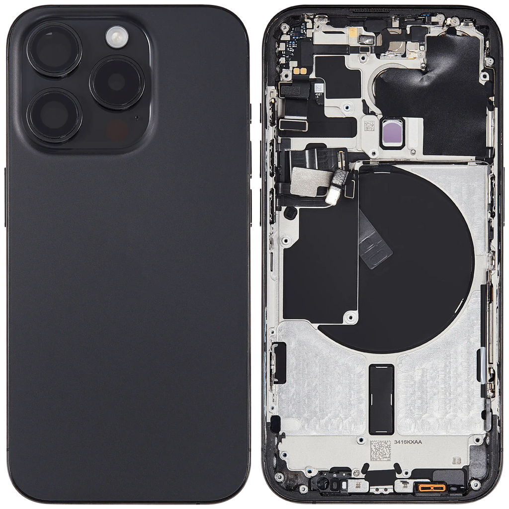 Backcover/Rahmen mit Small Parts für iPhone 15 Pro (US-Version) (gebrauchter OEM-Ausbau, Qualität B) (Schwarz Titanium)