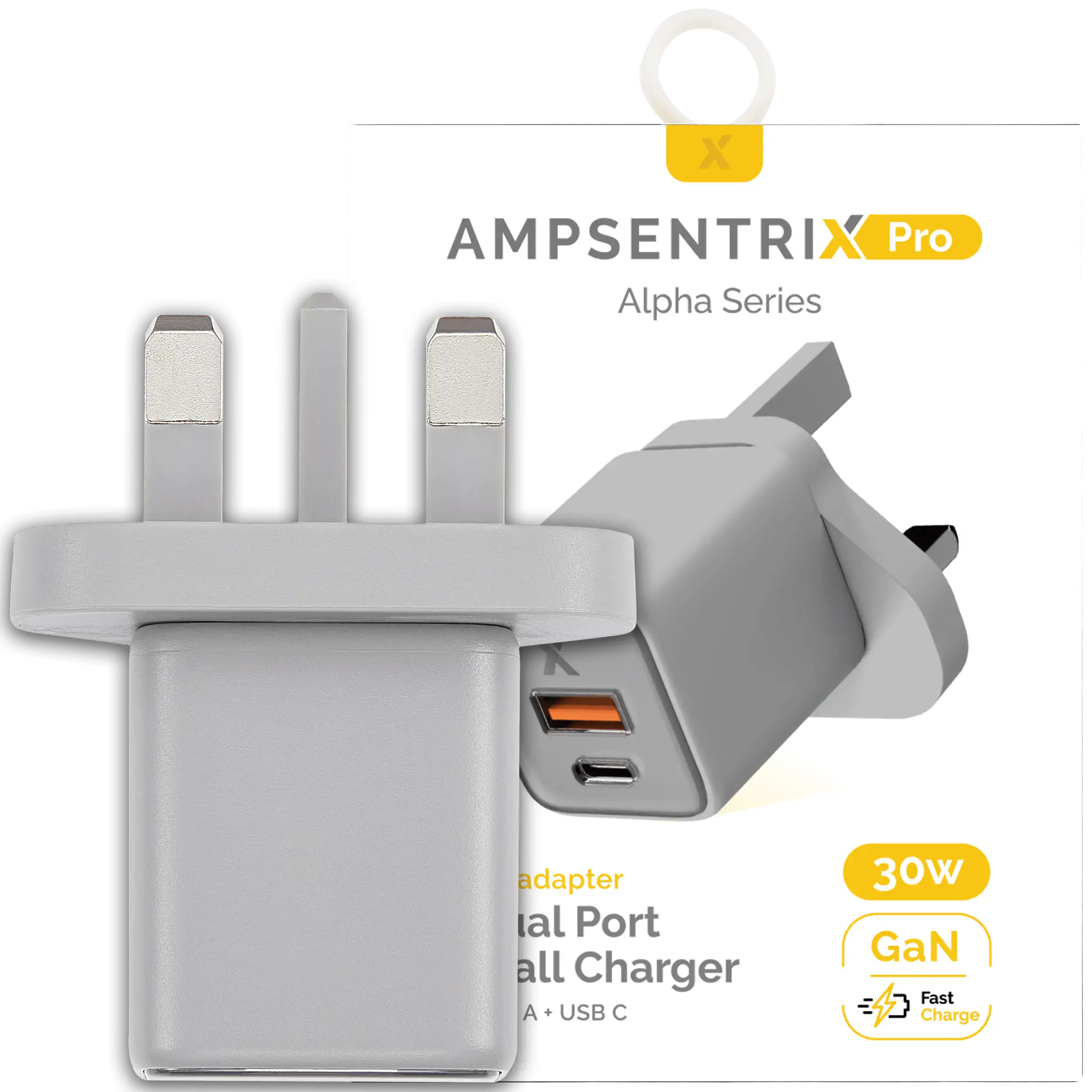 AmpSentrix 30W 2-in-1 USB-C / USB-A Wall Adapter (220V / UK Plug) (Natural Titanium)