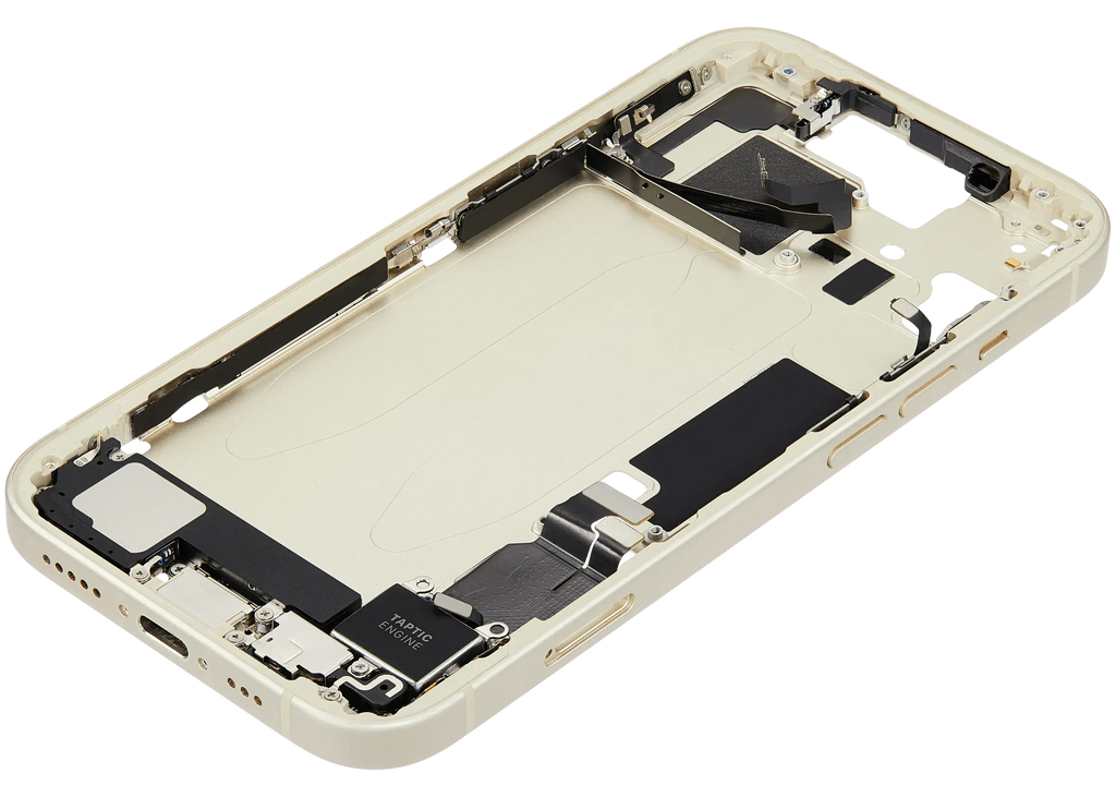 Midframe/Rahmen mit Ladebuchse Flex & Small Parts für iPhone 15 (EU / Global Version) (gebrauchter OEM-Ausbau, Qualität C) (Gelb)