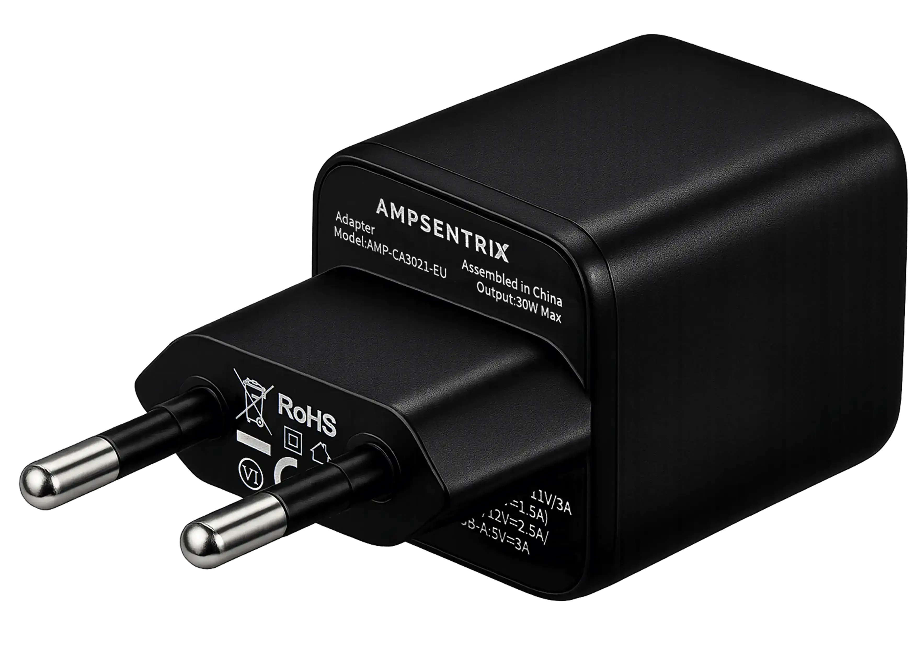 AmpSentrix Pro 30W 2-in-1 USB-C / USB-A GaN Wall Adapter (220V / EU Plug) (Schwarz Titanium)