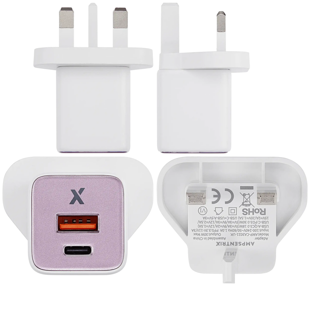AmpSentrix 30W 2-in-1 USB-C / USB-A Wall Adapter (220V / UK Plug) (Pink)