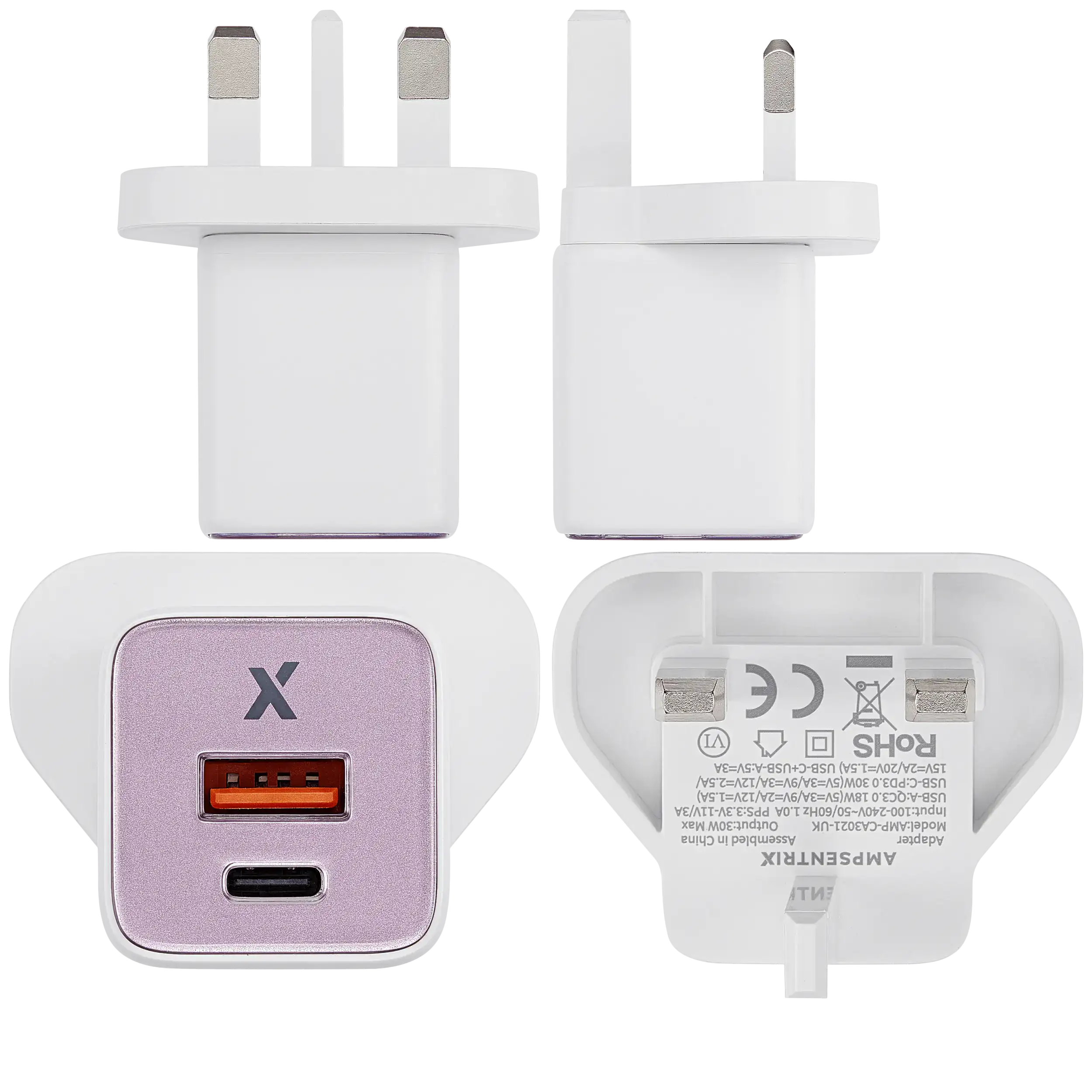 AmpSentrix 30W 2-in-1 USB-C / USB-A Wall Adapter (220V / UK Plug) (Pink)