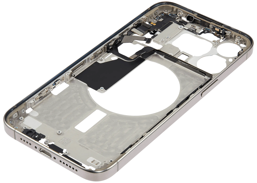 Midframe/Rahmen mit Small Parts für iPhone 15 Pro Max (EU / Global Version) (gebrauchter OEM-Ausbau, Qualität B) (Natural Titanium)