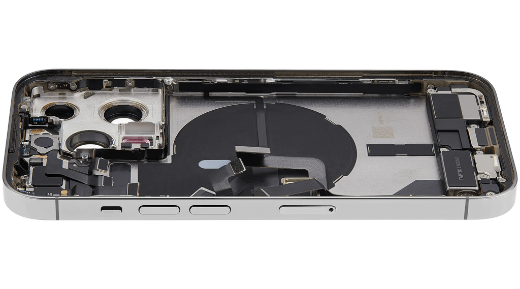 Backcover/Rahmen mit Ladebuchse Flex & Small Parts für iPhone 14 Pro (EU / Global Version) (gebrauchter OEM-Ausbau, Qualität B) (Silber)