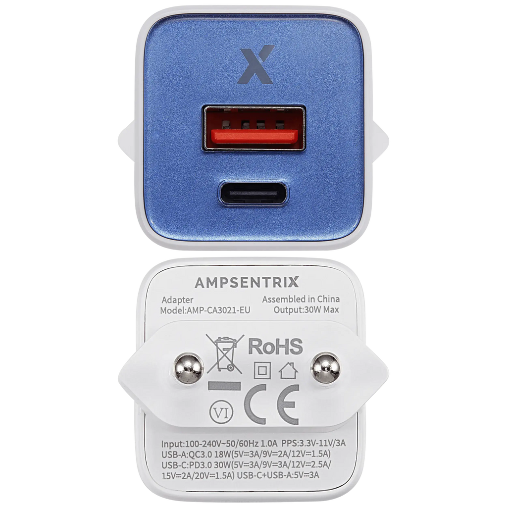 AmpSentrix Pro 30W 2-in-1 USB-C / USB-A GaN Wall Adapter (220V / EU Plug) (Ultramarine)