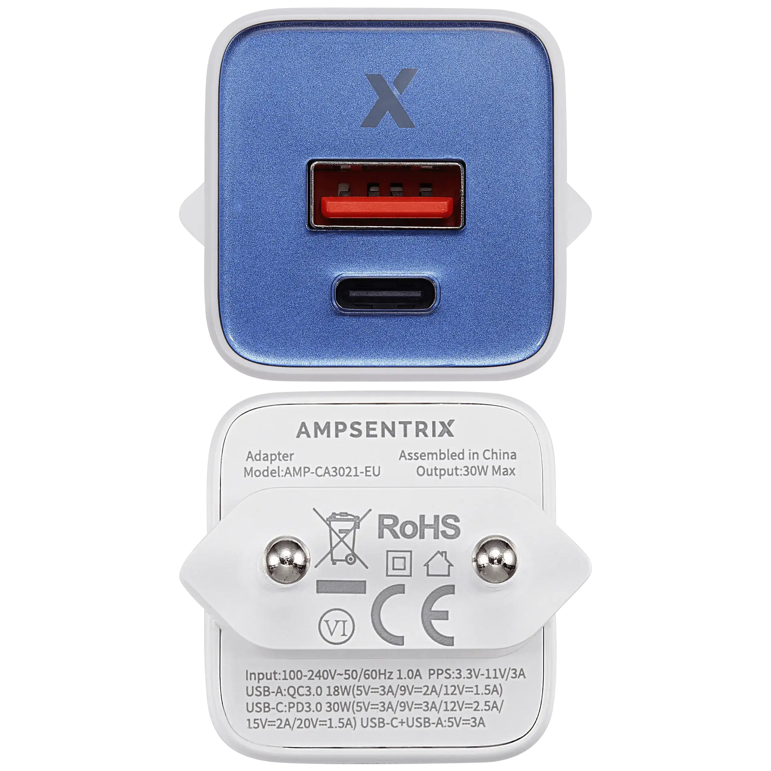 AmpSentrix Pro 30W 2-in-1 USB-C / USB-A GaN Wall Adapter (220V / EU Plug) (Ultramarine)