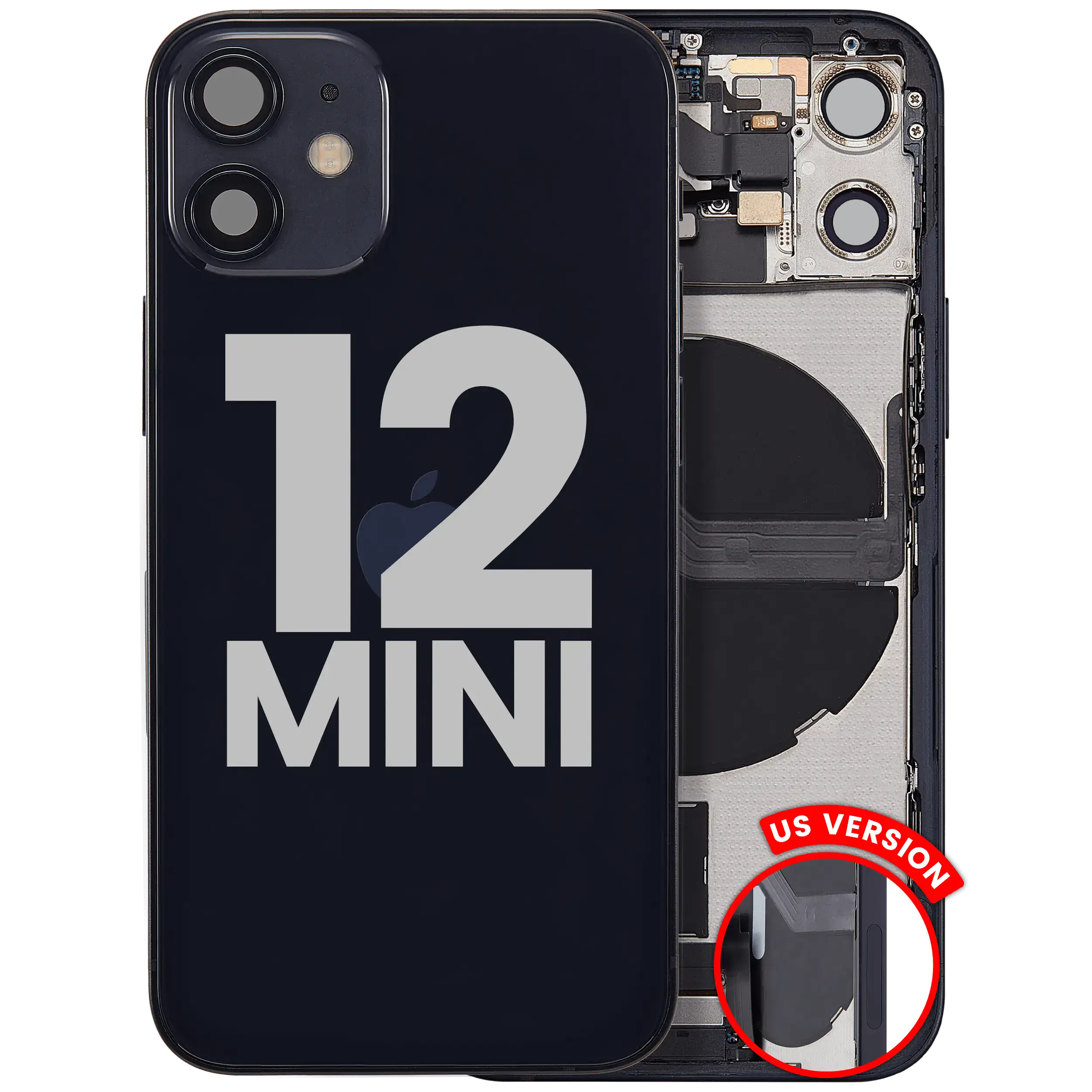 Back Cover/Frame with Charging Port Flex & Small Parts for iPhone 12 Mini (US Version) (Used OEM Pull, Grade A) (Black)