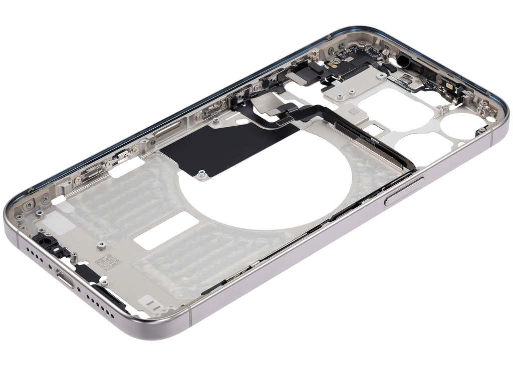 Midframe/Rahmen mit Small Parts für iPhone 15 Pro Max (EU / Global Version) (gebrauchter OEM-Ausbau, Qualität C) (Weiß Titanium)