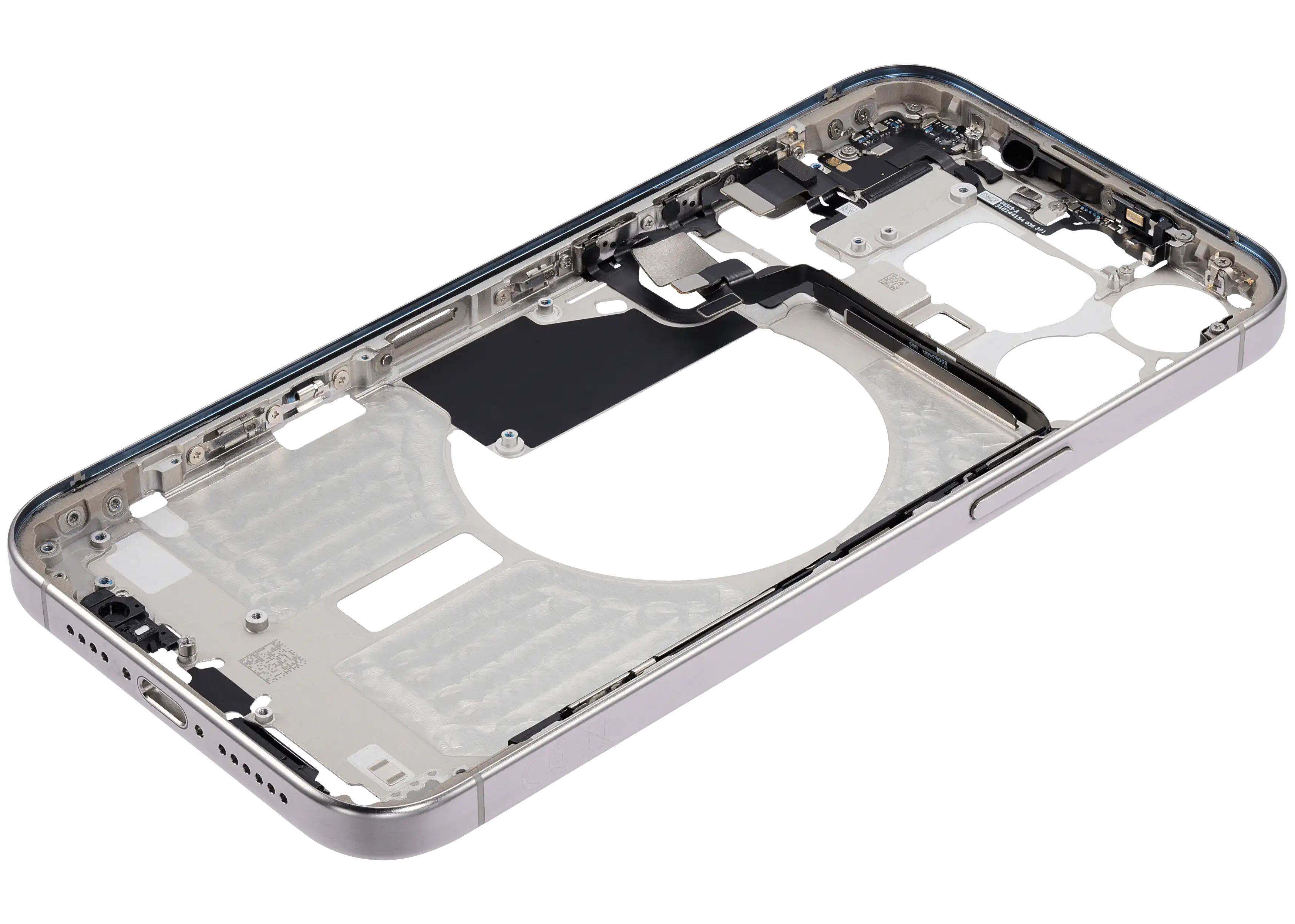 Midframe/Rahmen mit Small Parts für iPhone 15 Pro Max (EU / Global Version) (gebrauchter OEM-Ausbau, Qualität C) (Weiß Titanium)