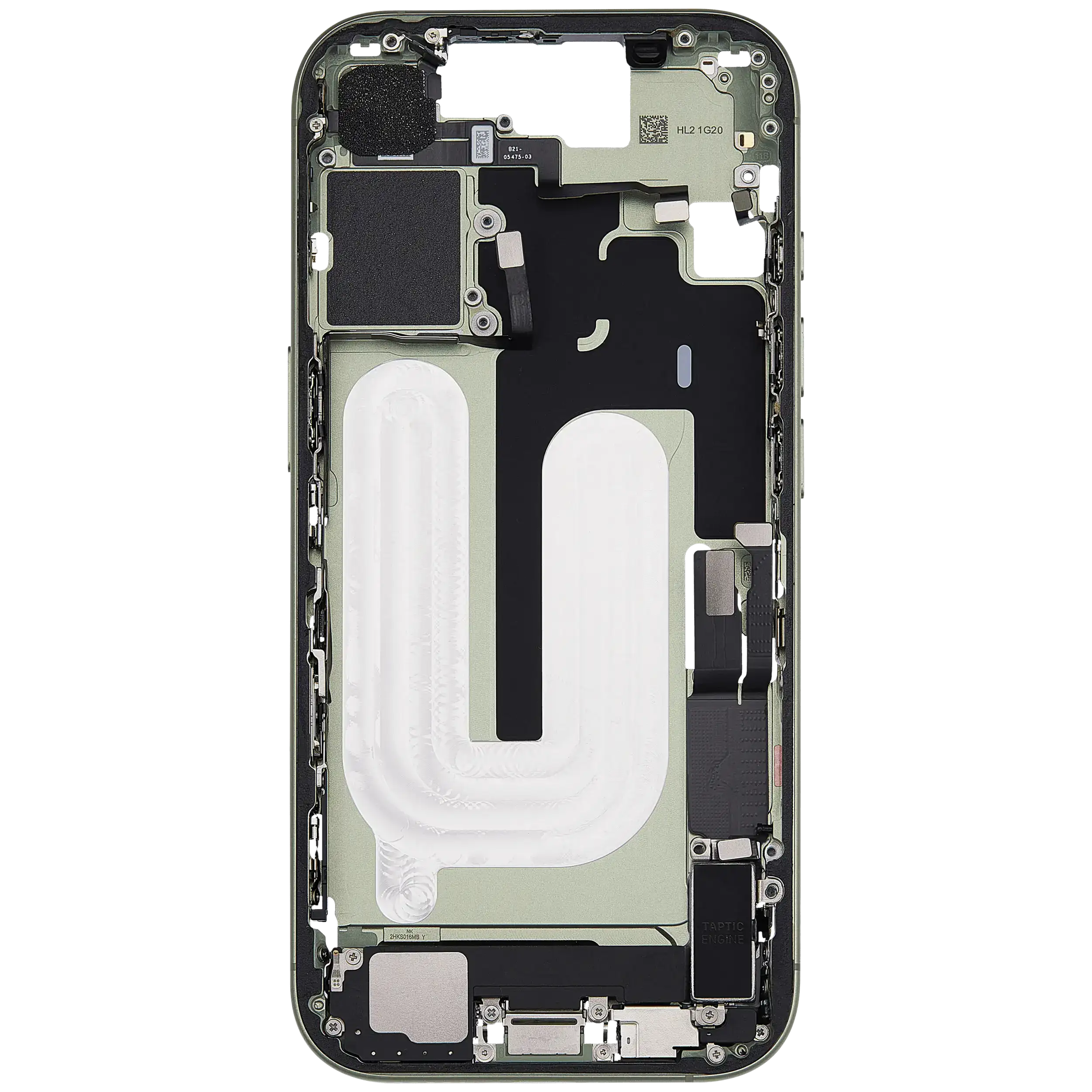 Midframe/Rahmen mit Ladebuchse Flex & Small Parts für iPhone 17 (EU / Global Version) (gebrauchter OEM-Ausbau, Qualität A) (Sage)