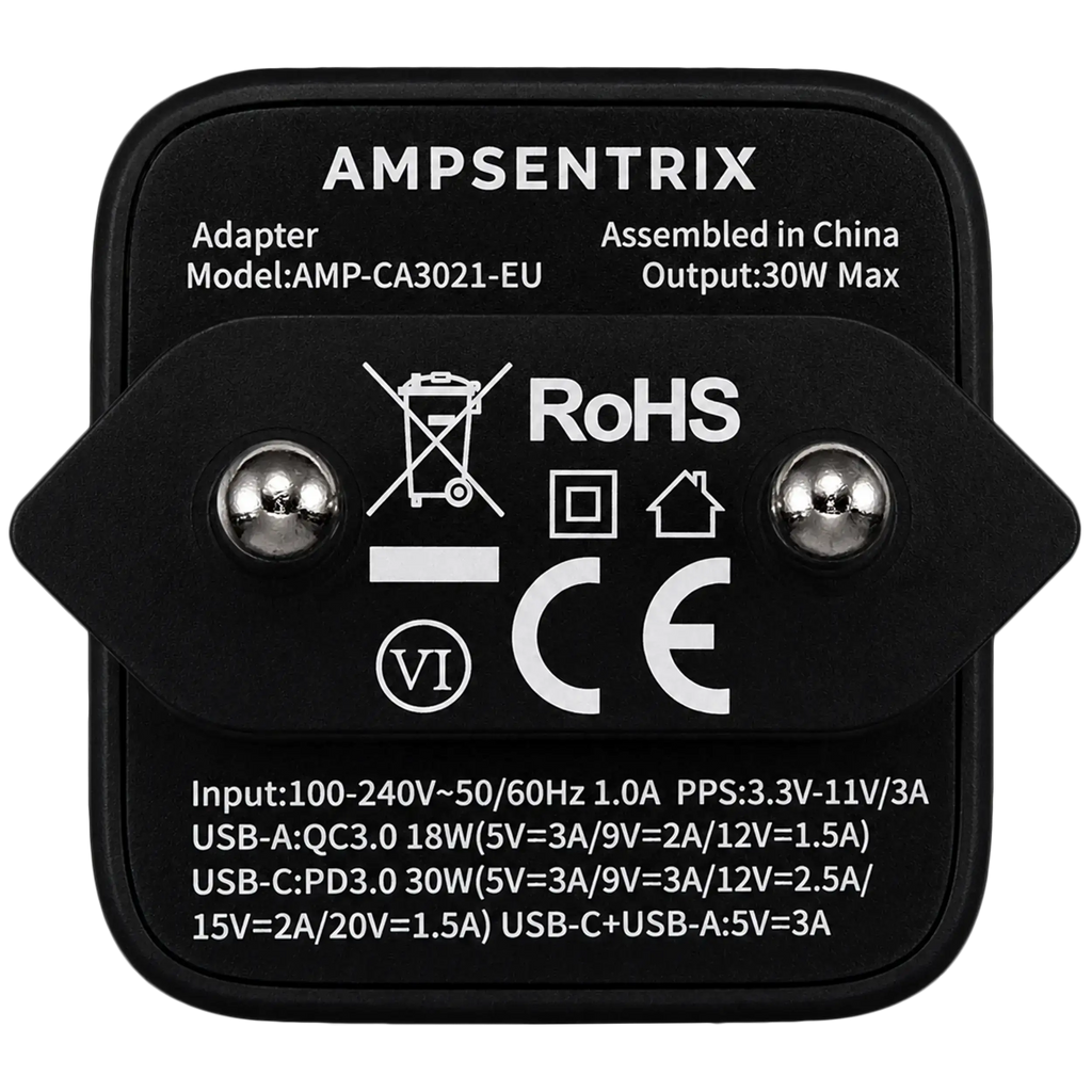 AmpSentrix Pro 30W 2-in-1 USB-C / USB-A GaN Wall Adapter (220V / EU Plug) (Schwarz Titanium)