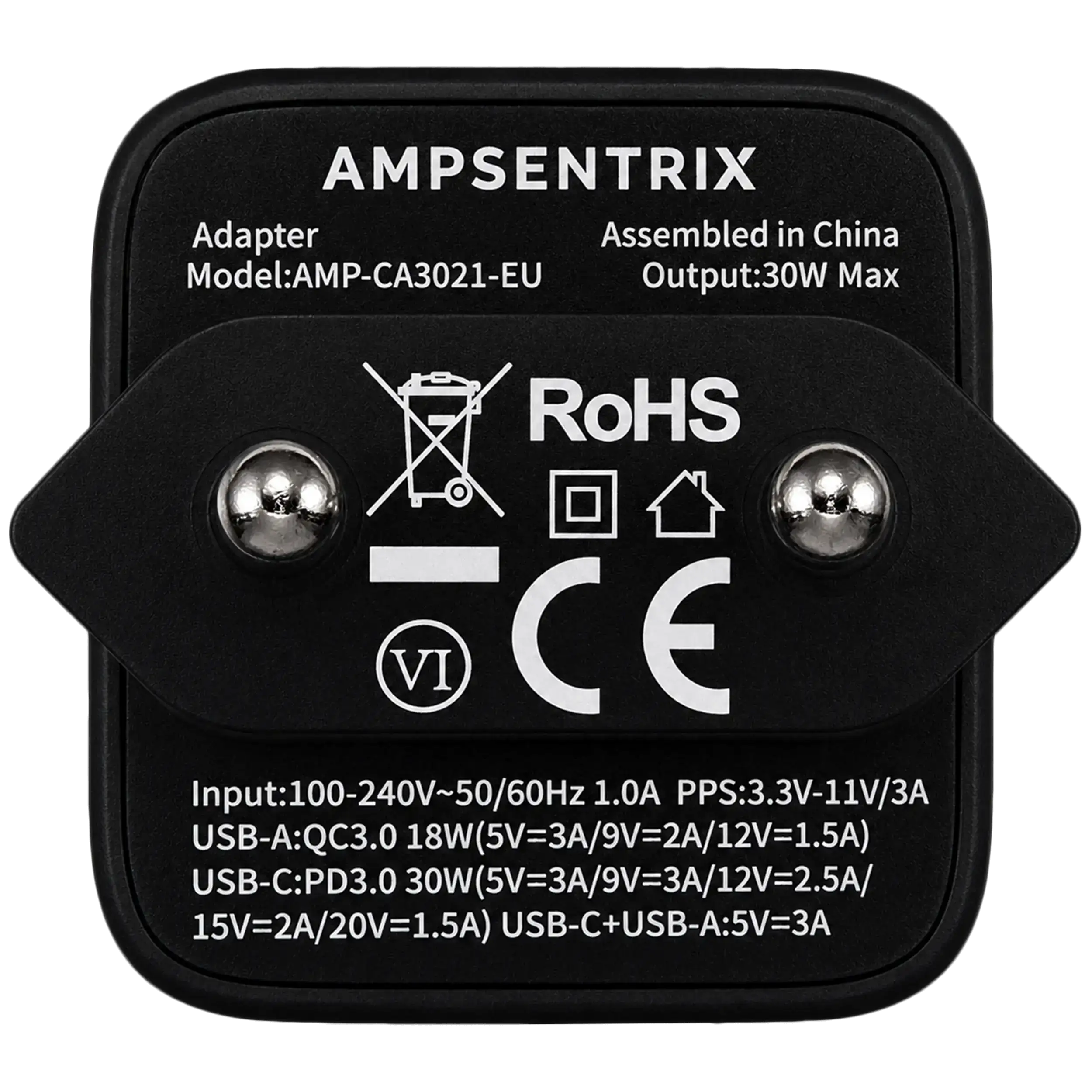 AmpSentrix Pro 30W 2-in-1 USB-C / USB-A GaN Wall Adapter (220V / EU Plug) (Schwarz Titanium)