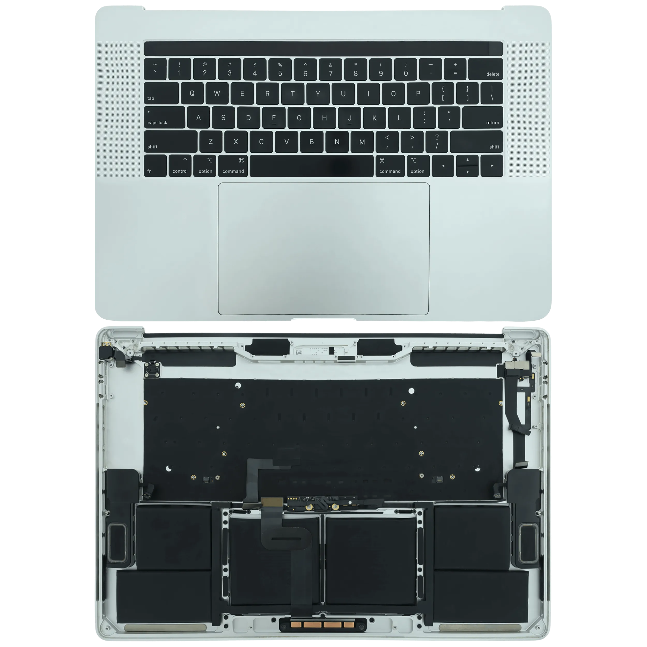 Top Case mit Akku and Keyboard (ANSI US) für MacBook Pro 15" A1990 (2018-2019) (gebrauchter OEM-Ausbau, Qualität B/C) (Silber)