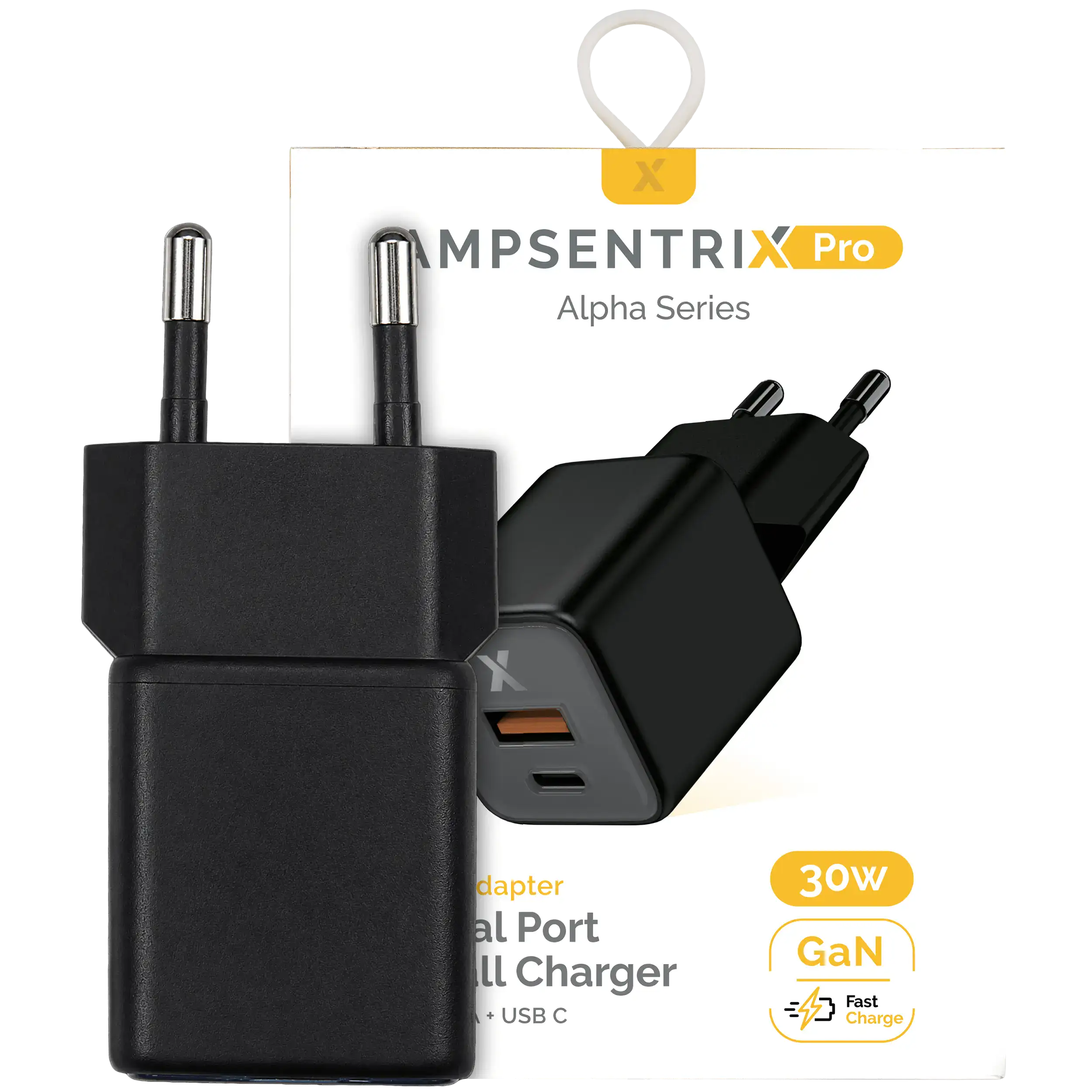 AmpSentrix Pro 30W 2-in-1 USB-C / USB-A GaN Wall Adapter (220V / EU Plug) (Schwarz Titanium)