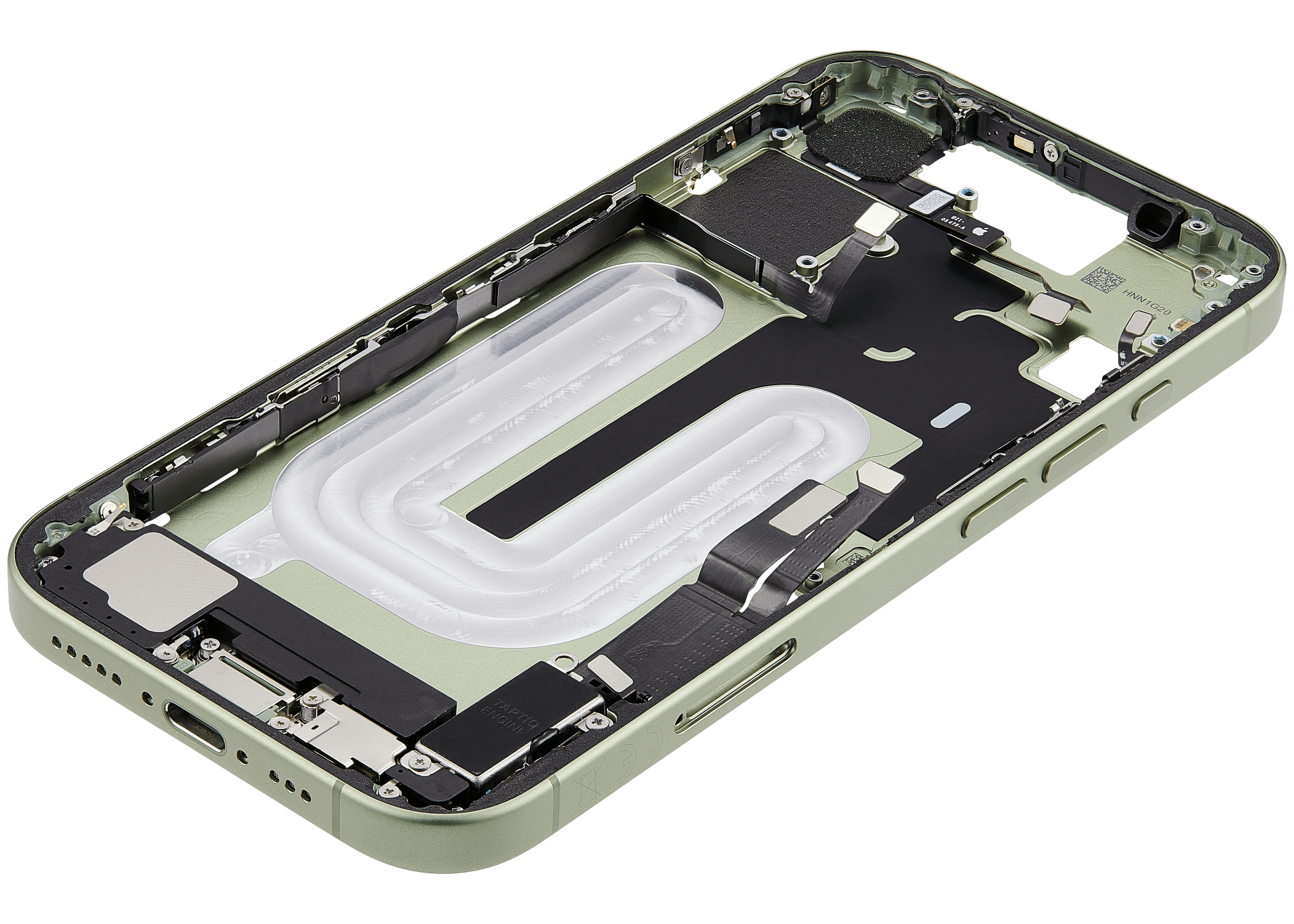 Midframe/Rahmen mit Ladebuchse Flex & Small Parts für iPhone 17 (EU / Global Version) (gebrauchter OEM-Ausbau, Qualität B) (Sage)