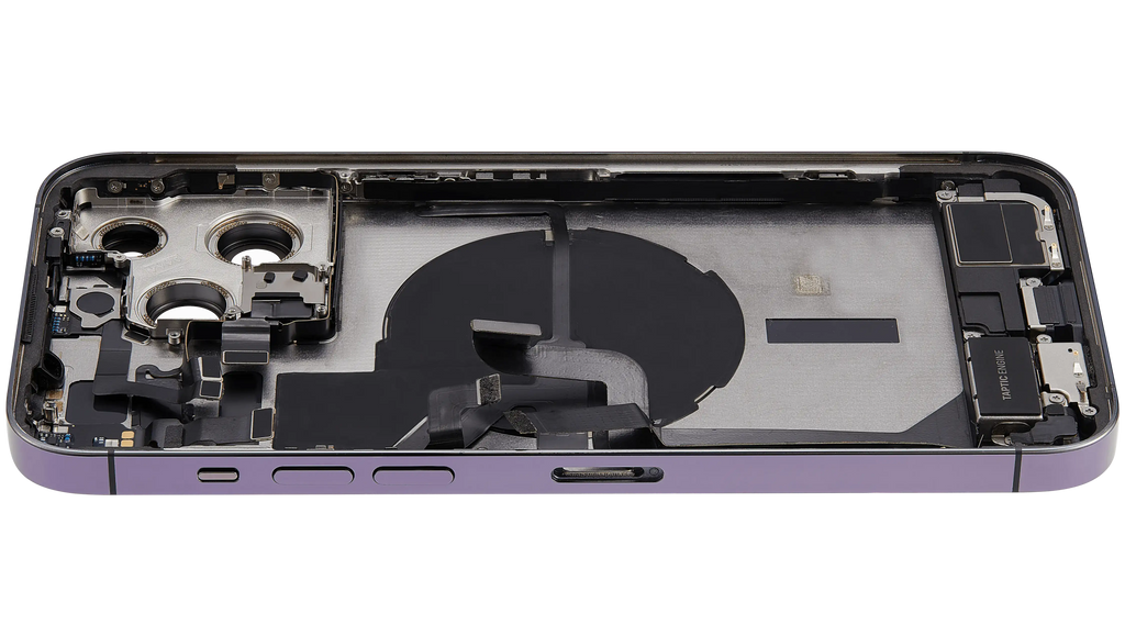 Backcover/Rahmen mit Ladebuchse Flex & Small Parts für iPhone 14 Pro Max (EU / Global Version) (gebrauchter OEM-Ausbau, Qualität C) (Deep Purple)