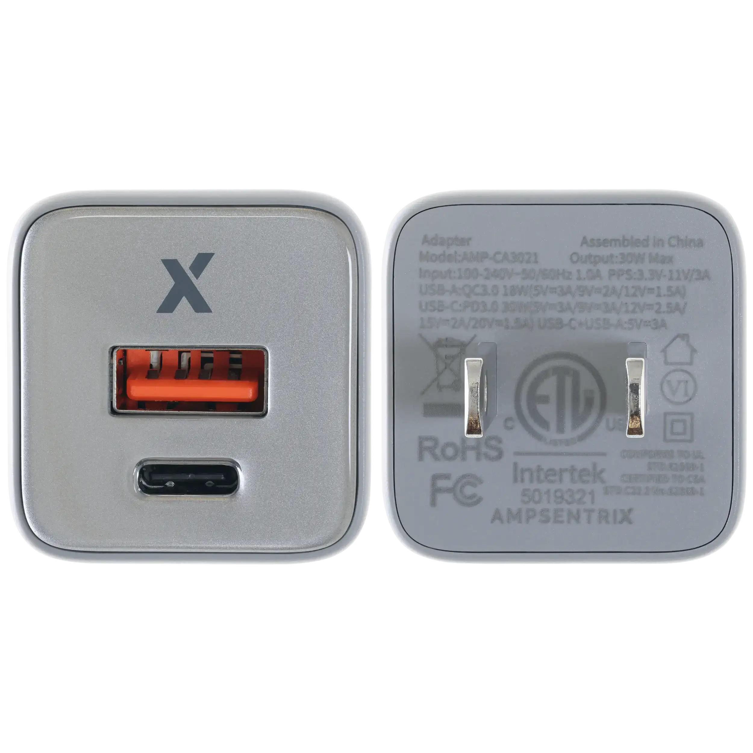 AmpSentrix Pro 30W 2-in-1 USB-C / USB-A GaN Wall Adapter (Natural Titanium)
