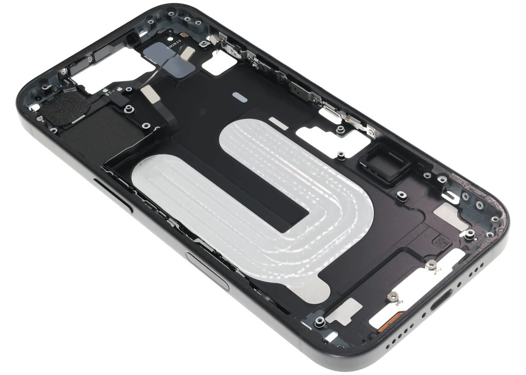 Midframe/Rahmen mit Small Parts für iPhone 16 (EU / Global Version) (gebrauchter OEM-Ausbau, Qualität B) (Schwarz)