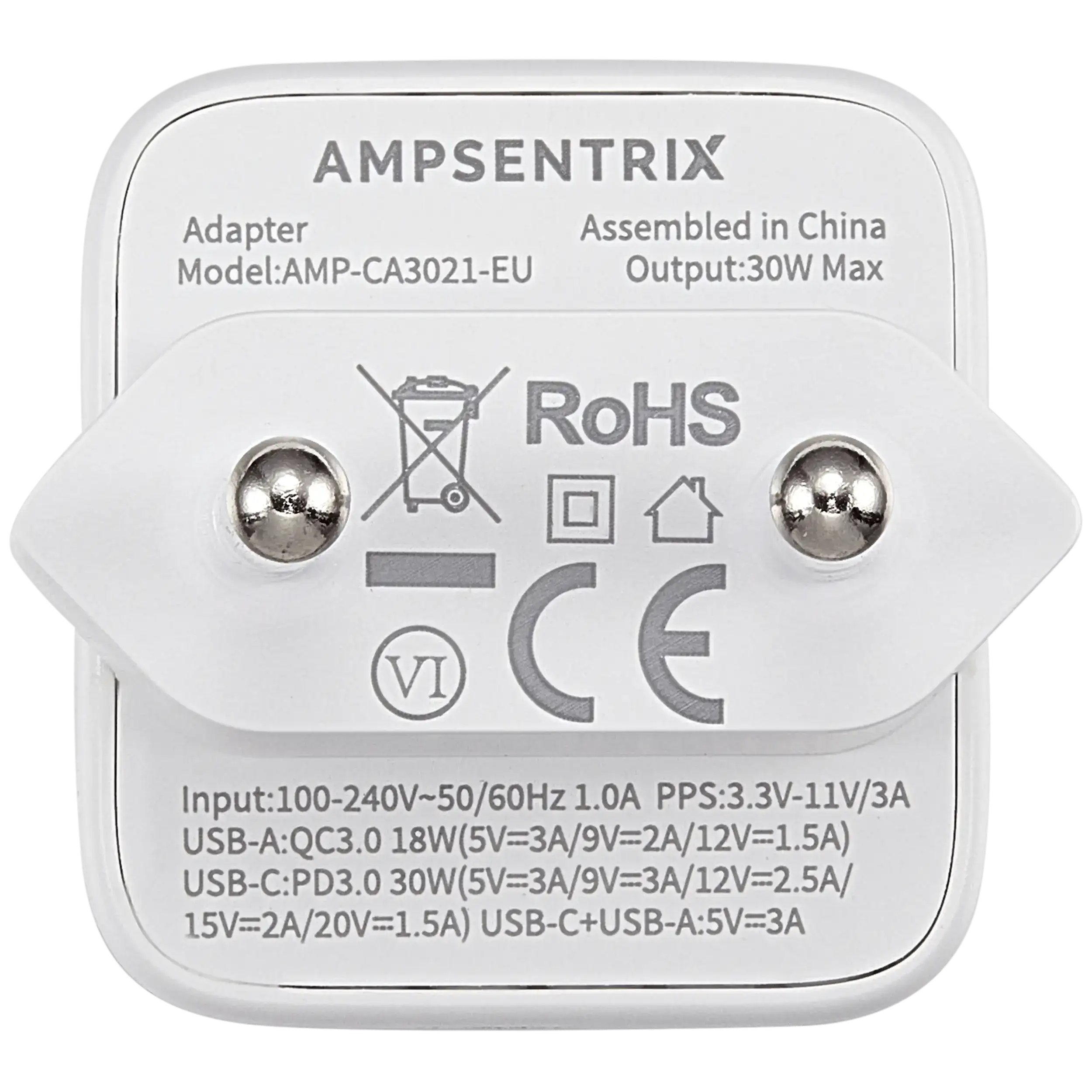AmpSentrix Pro 30W 2-in-1 USB-C / USB-A GaN Wall Adapter (220V / EU Plug) (Ultramarine)