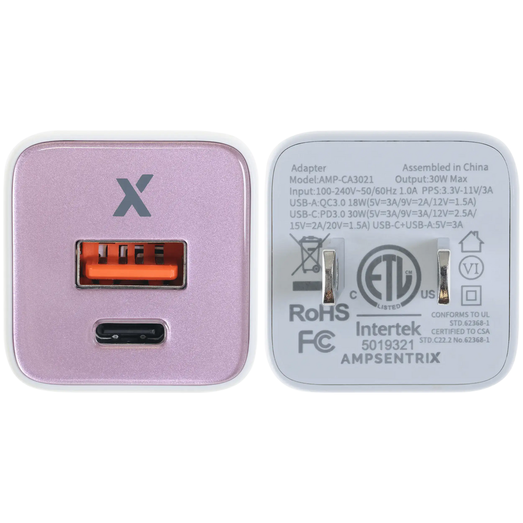 AmpSentrix Pro 30W 2-in-1 USB-C / USB-A GaN Wall Adapter (Pink)