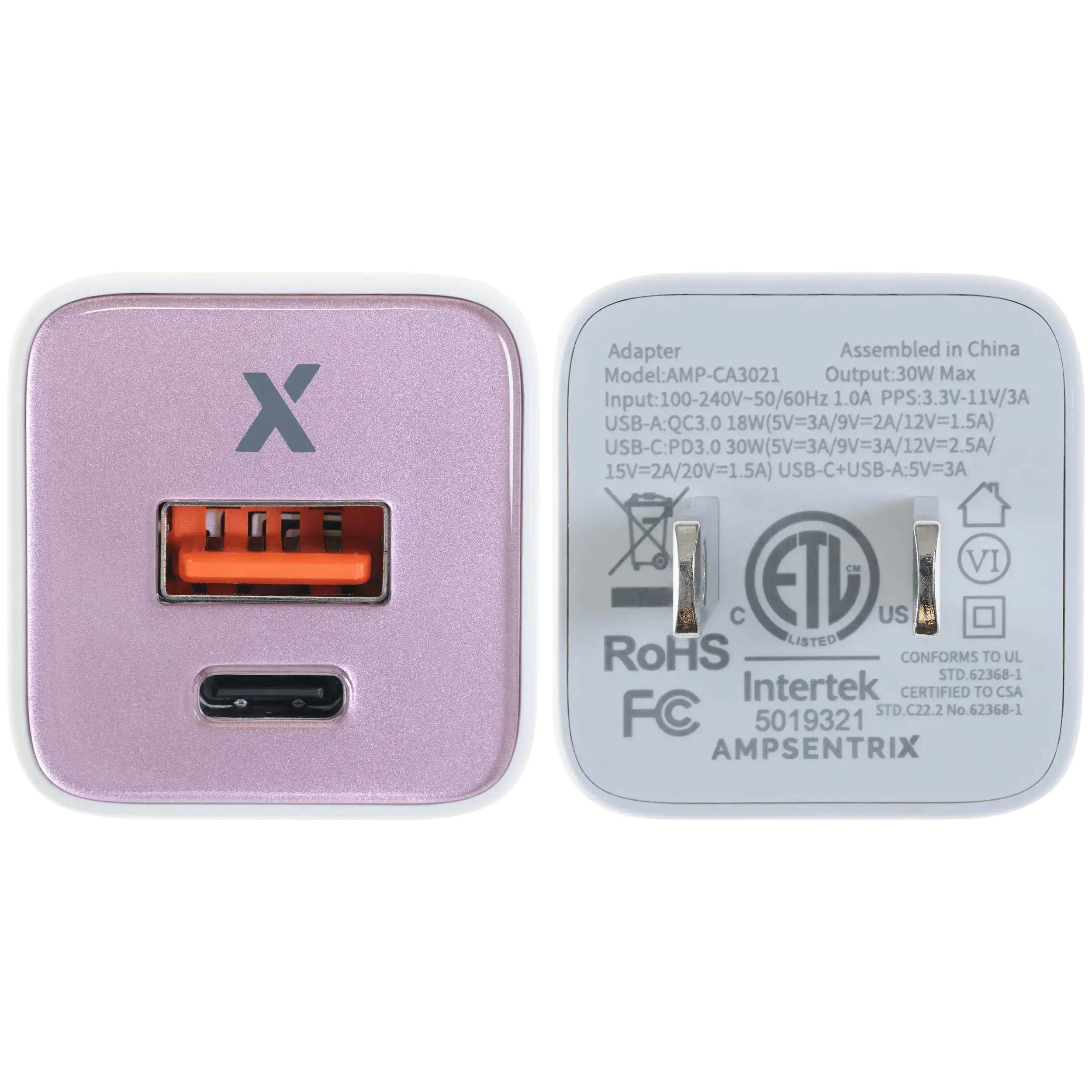 AmpSentrix Pro 30W 2-in-1 USB-C / USB-A GaN Wall Adapter (Pink)