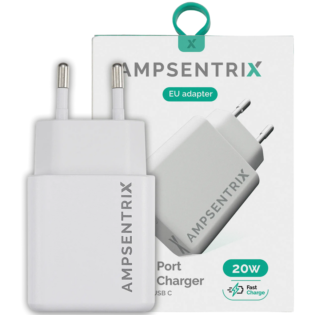 AmpSentrix 2-Port 20W USB Type C and USB Type A Wall Adapter (220V Euro)