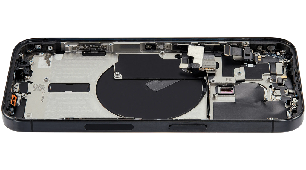 Backcover/Rahmen mit Small Parts für iPhone 15 Pro (US-Version) (gebrauchter OEM-Ausbau, Qualität B) (Schwarz Titanium)