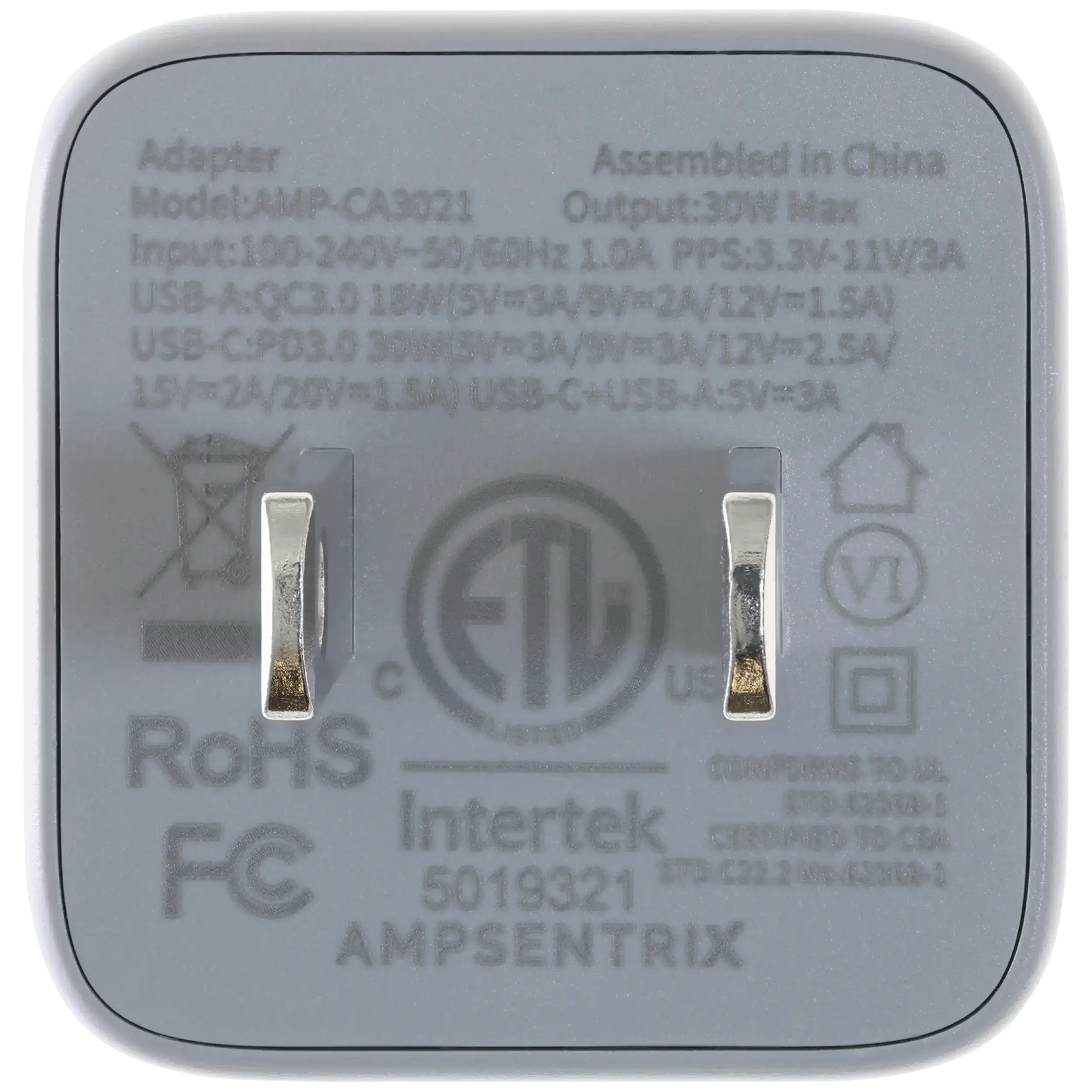 AmpSentrix Pro 30W 2-in-1 USB-C / USB-A GaN Wall Adapter (Natural Titanium)