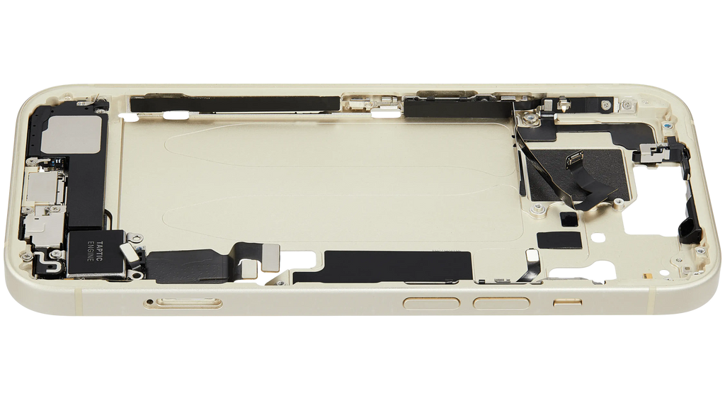 Midframe/Rahmen mit Ladebuchse Flex & Small Parts für iPhone 15 (EU / Global Version) (gebrauchter OEM-Ausbau, Qualität C) (Gelb)