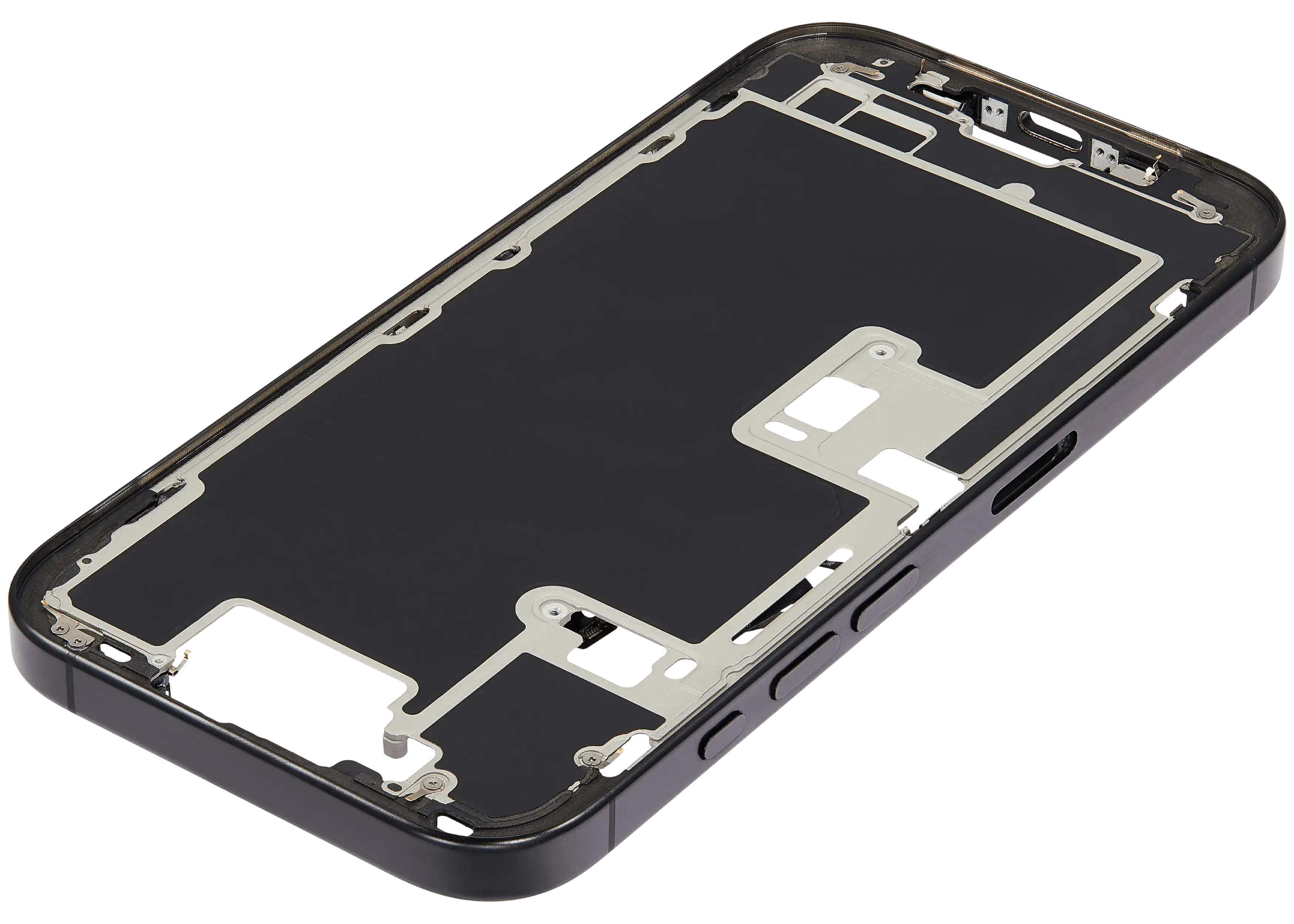 Midframe/Rahmen mit Small Parts für iPhone 16 Pro (EU / Global Version) (gebrauchter OEM-Ausbau, Qualität A) (Schwarz Titanium)