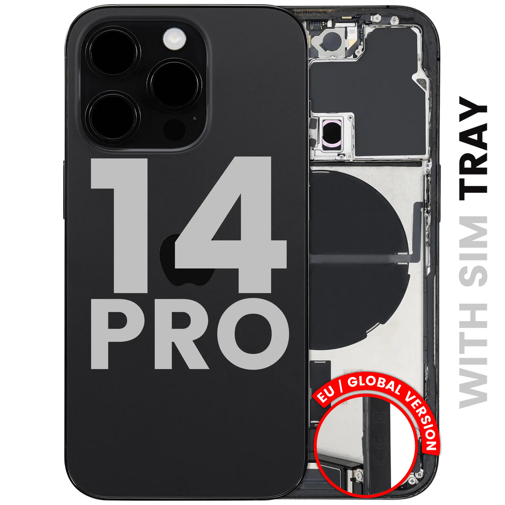 Backcover/Rahmen mit Ladebuchse Flex & Small Parts für iPhone 14 Pro (EU / Global Version) (gebrauchter OEM-Ausbau, Qualität C) (Space Schwarz)
