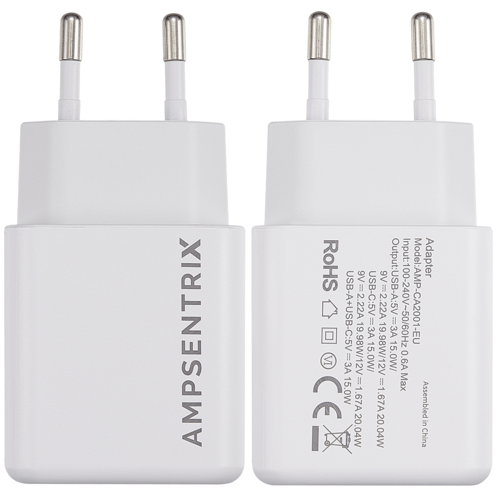 AmpSentrix 2-Port 20W USB Type C and USB Type A Wall Adapter (220V Euro)