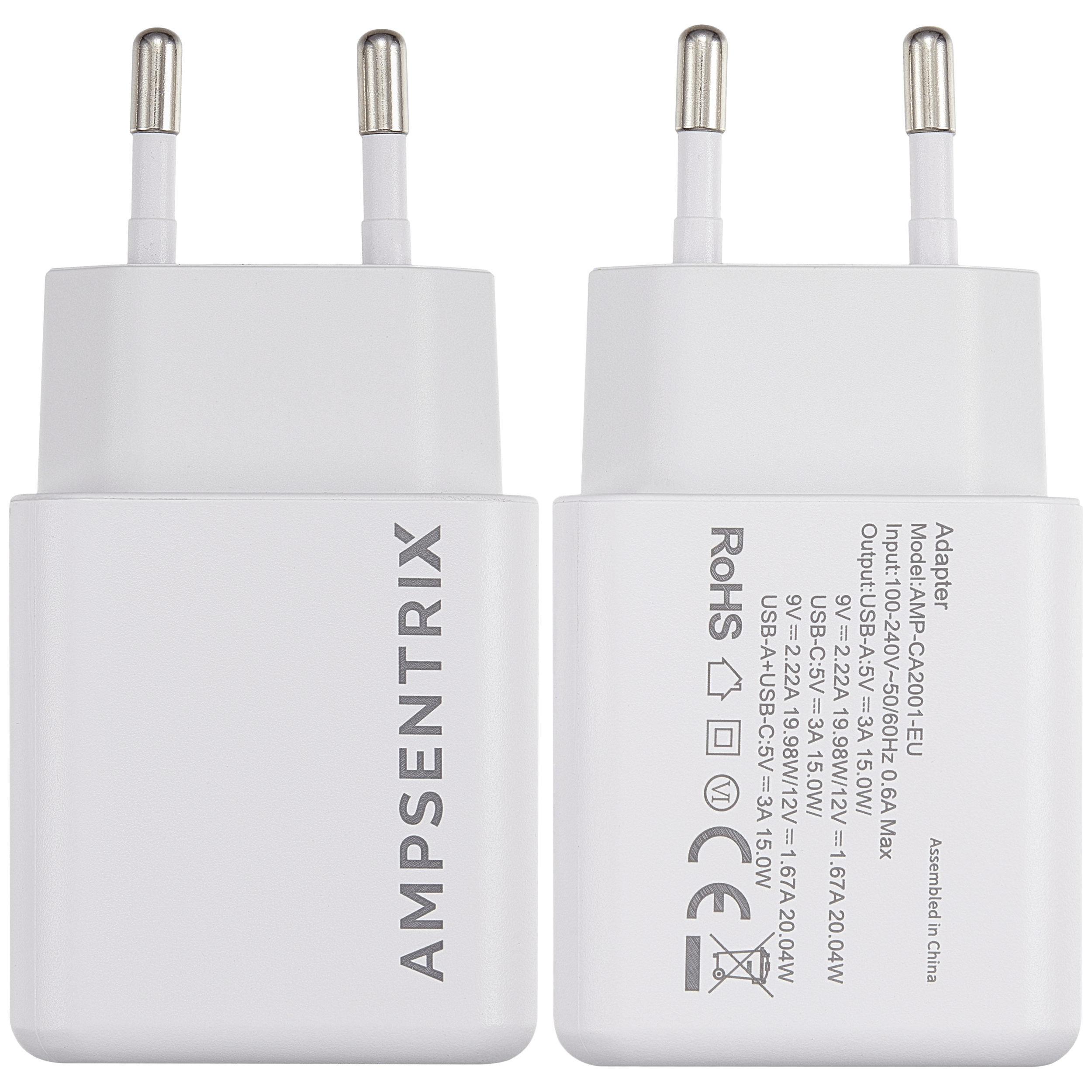 AmpSentrix 2-fach 20W USB Typ C und USB Typ A Wandadapter (220V Euro)