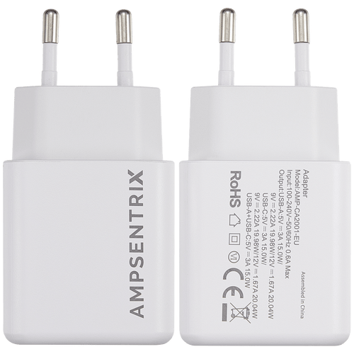 AmpSentrix 2-Port 20W USB Type C and USB Type A Wall Adapter (220V Euro)