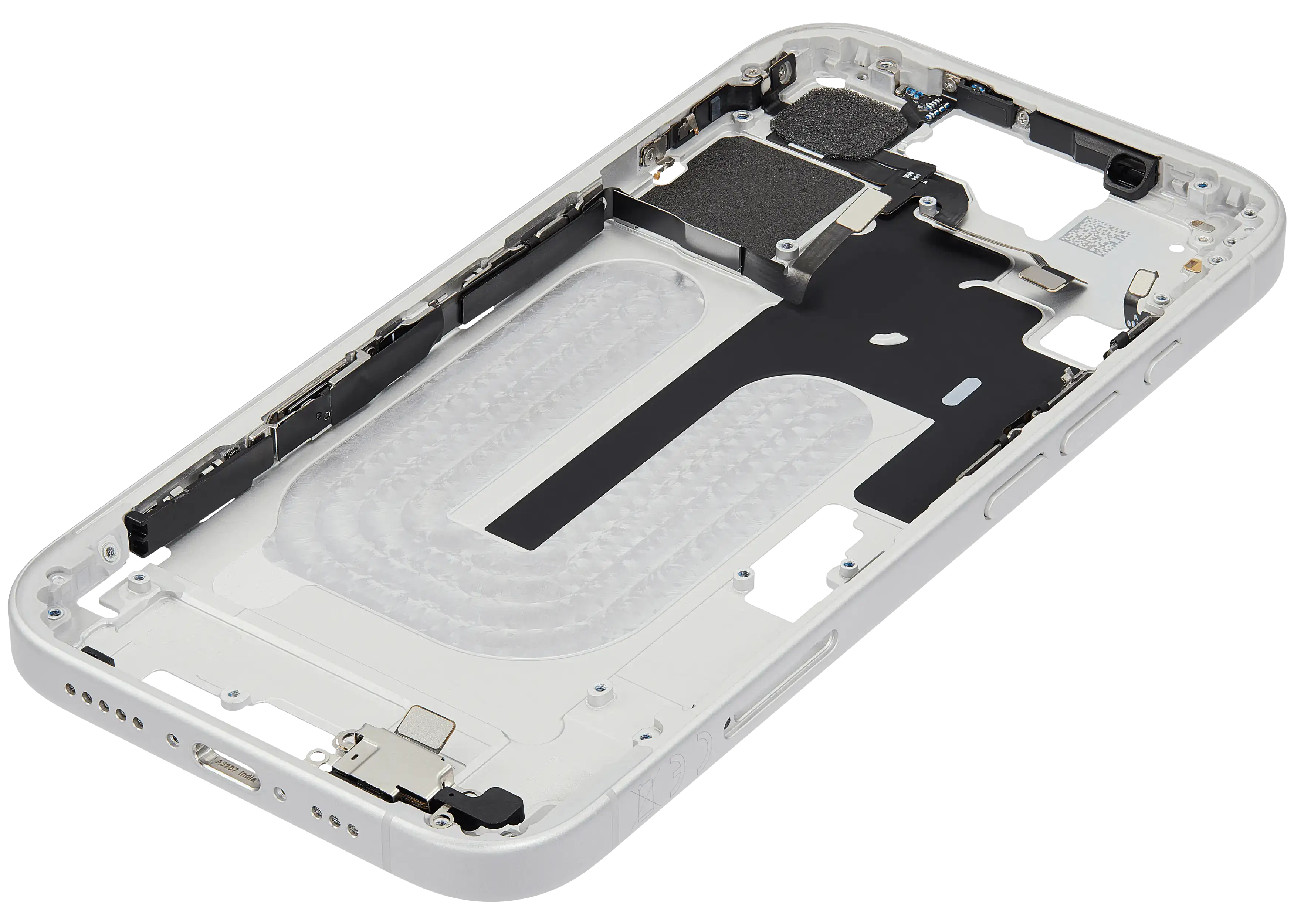 Midframe/Rahmen mit Small Parts für iPhone 16 (EU / Global Version) (gebrauchter OEM-Ausbau, Qualität B) (Weiß)