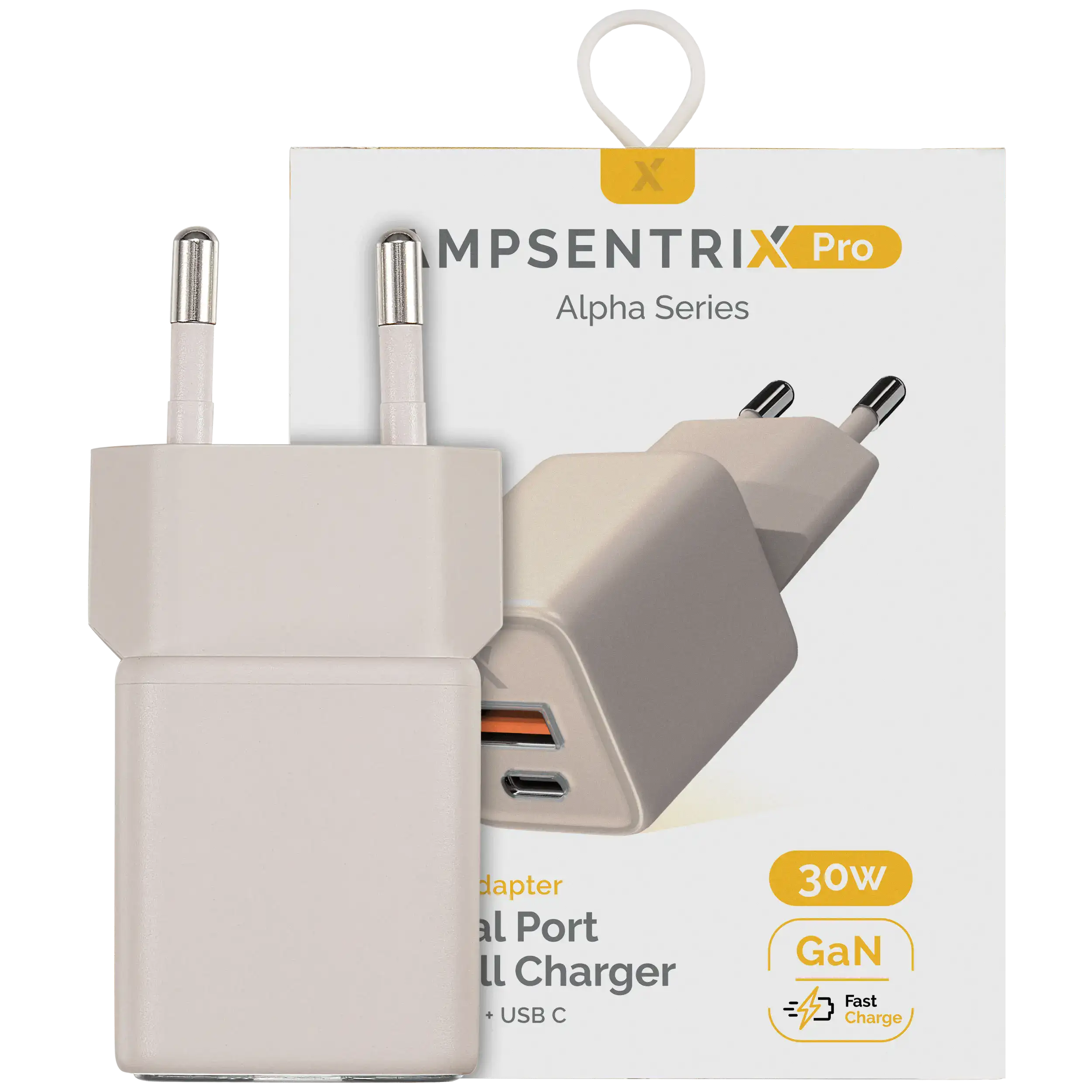 AmpSentrix Pro 30W 2-in-1 USB-C / USB-A GaN Wall Adapter (220V / EU Plug) (Desert Titanium)