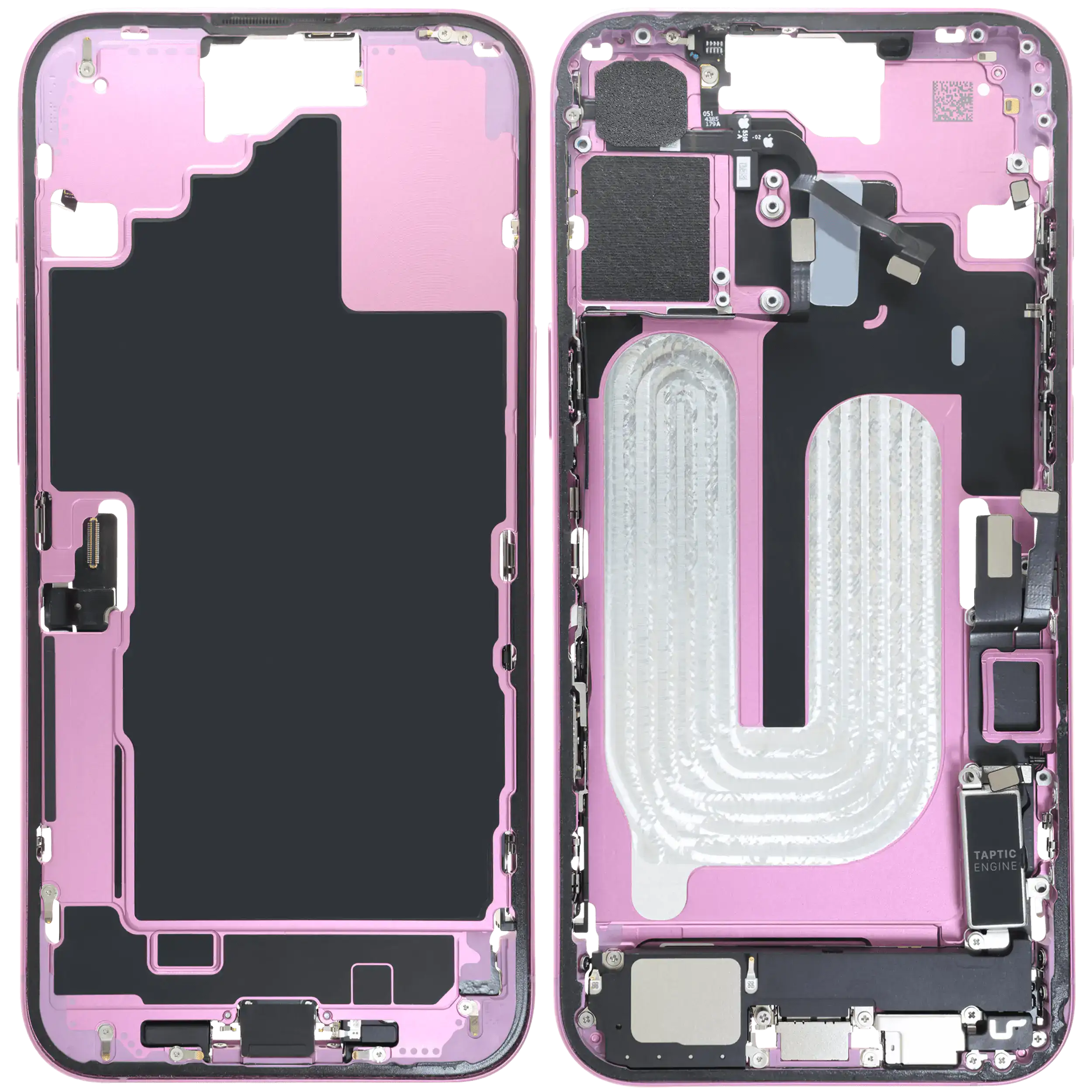 Midframe/Rahmen mit Ladebuchse Flex & Small Parts für iPhone 16 Plus (EU / Global Version) (gebrauchter OEM-Ausbau, Qualität C) (Pink)