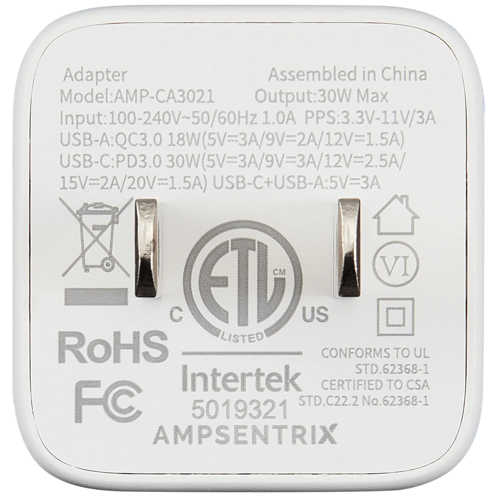 AmpSentrix Pro 30W 2-in-1 USB-C / USB-A GaN Wall Adapter (Teal)