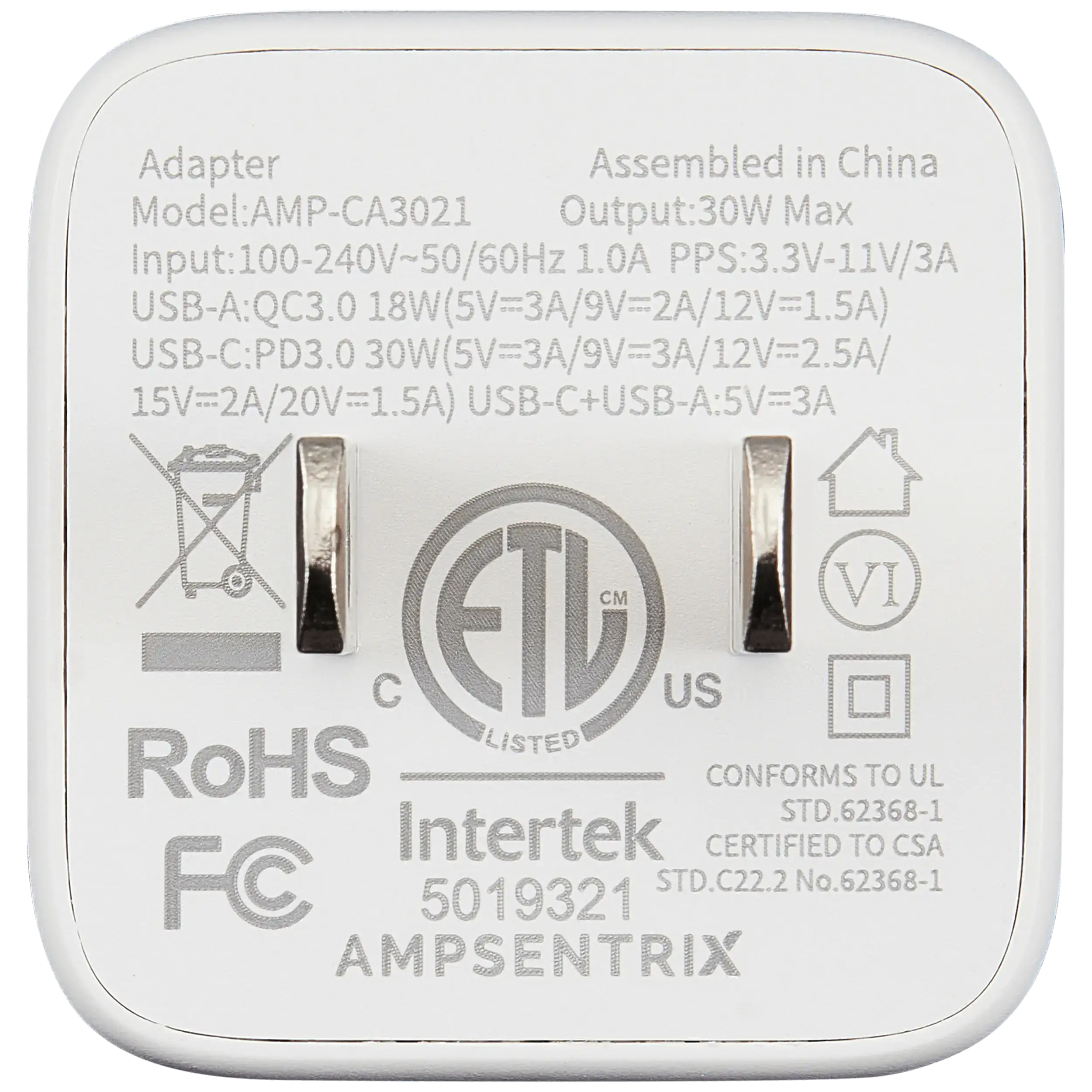 AmpSentrix Pro 30W 2-in-1 USB-C / USB-A GaN Wall Adapter (Teal)